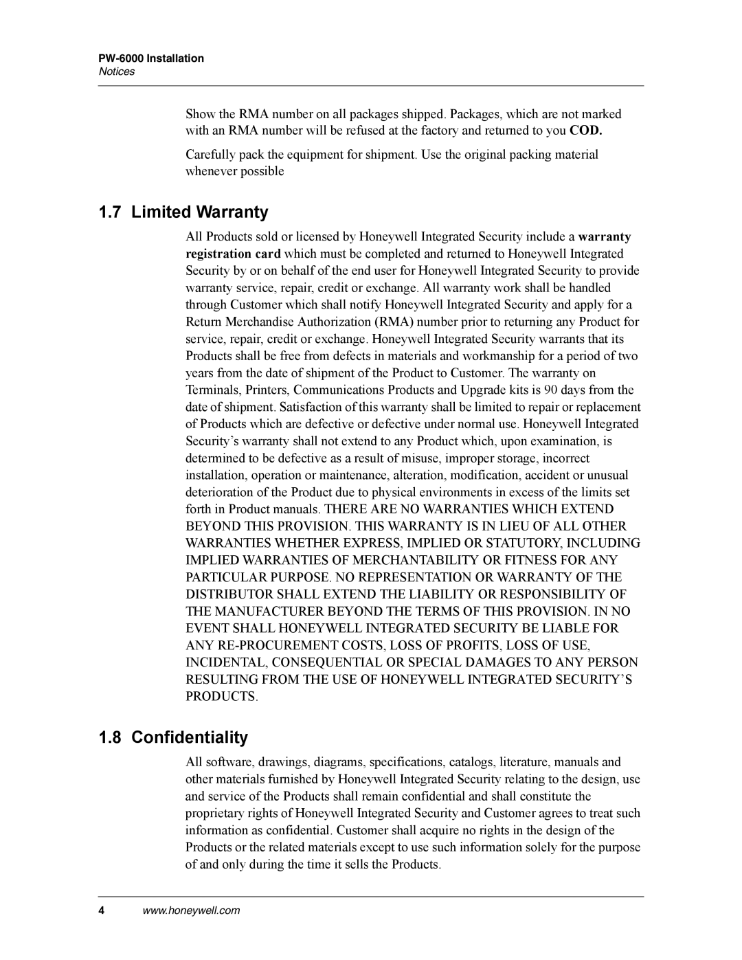 Honeywell PW-6000 manual Limited Warranty, Confidentiality 