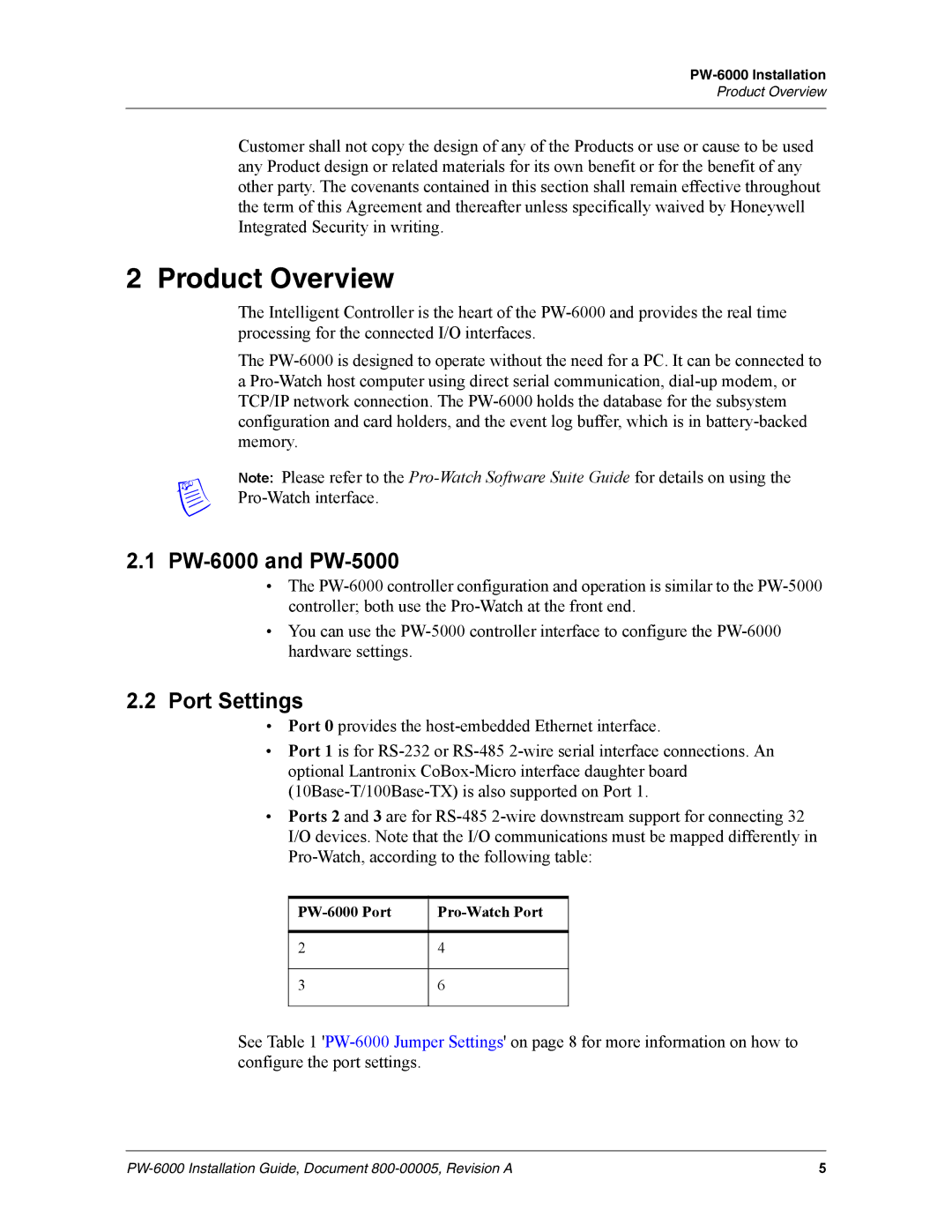 Honeywell manual PW-6000 and PW-5000, Port Settings 