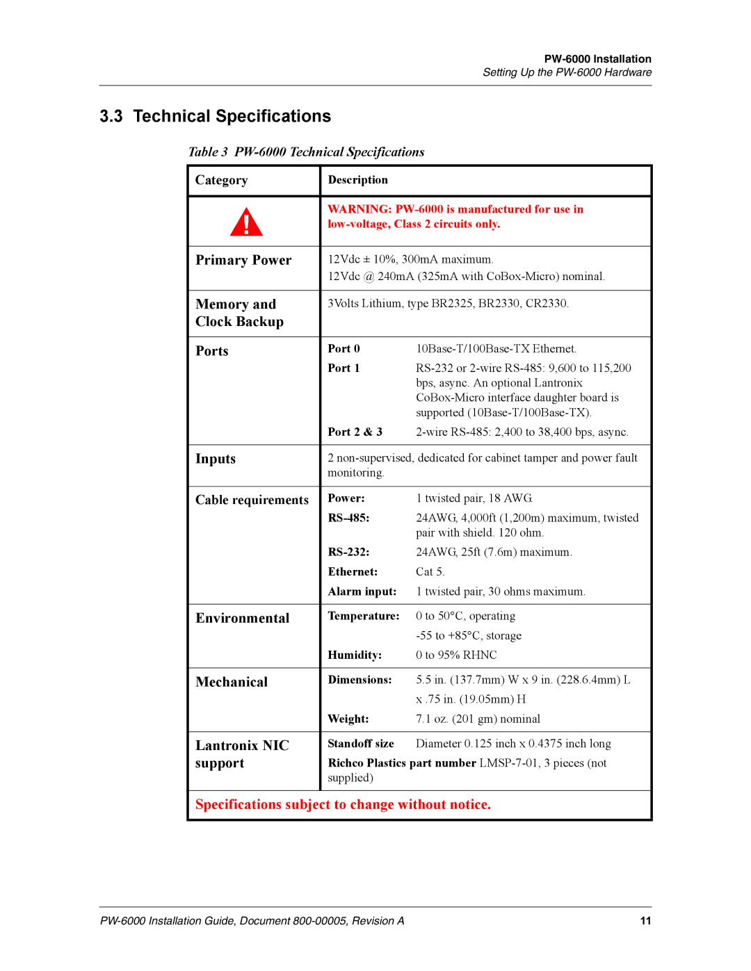 Honeywell PW-6000 manual Technical Specifications, Clock Backup Ports 