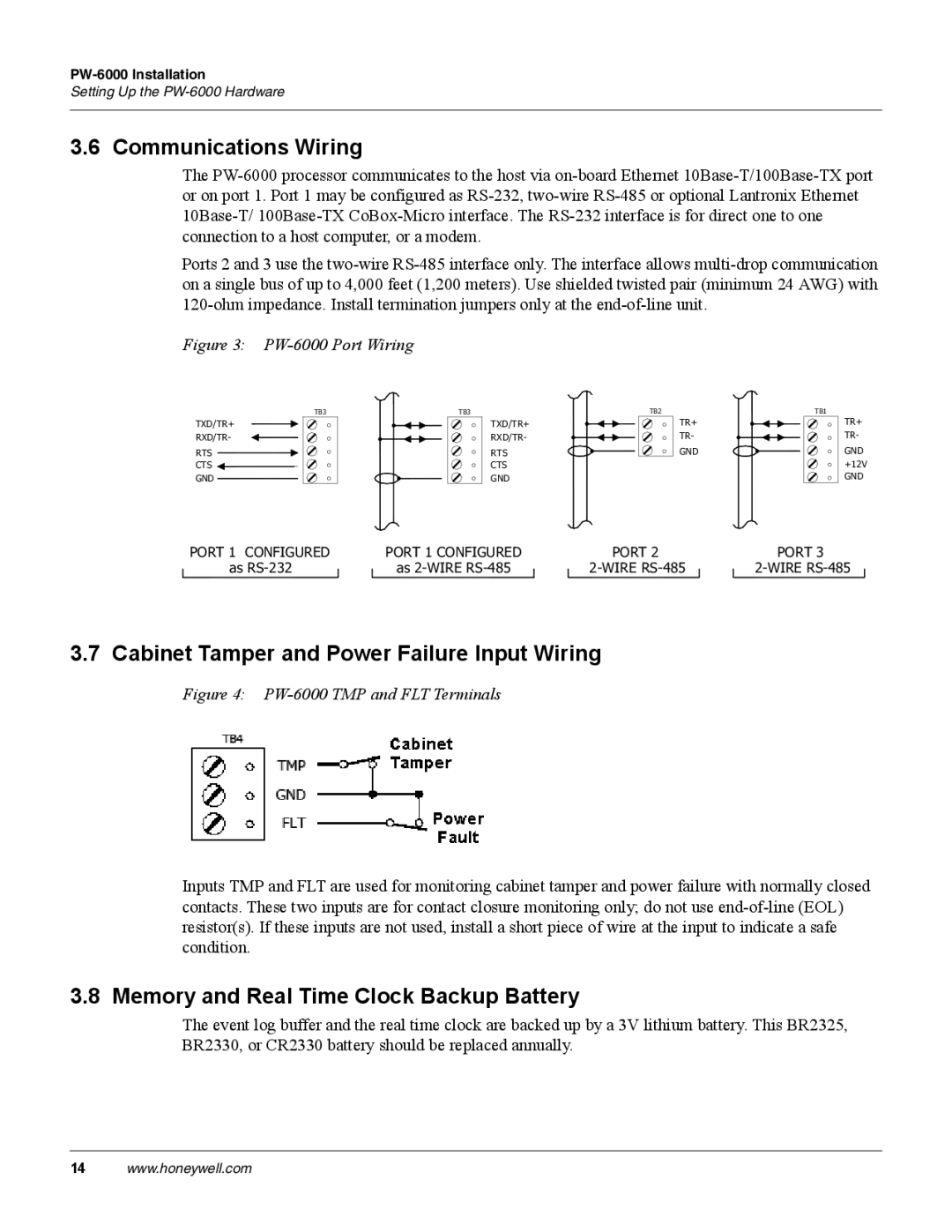 Honeywell PW-6000 manual Communications Wiring, Cabinet Tamper and Power Failure Input Wiring 