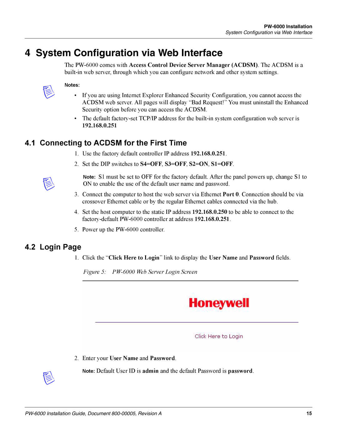 Honeywell PW-6000 manual Connecting to Acdsm for the First Time, Login 