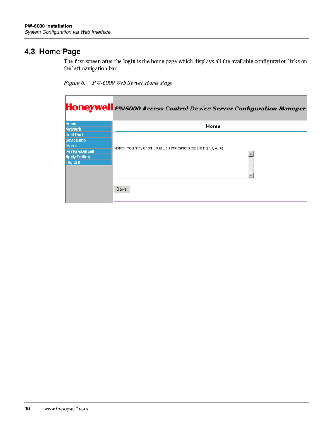 Honeywell manual PW-6000 Web Server Home 