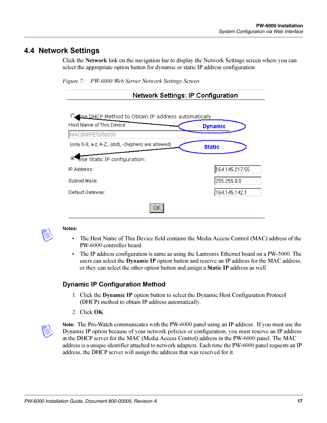 Honeywell PW-6000 manual Network Settings, Dynamic IP Configuration Method 