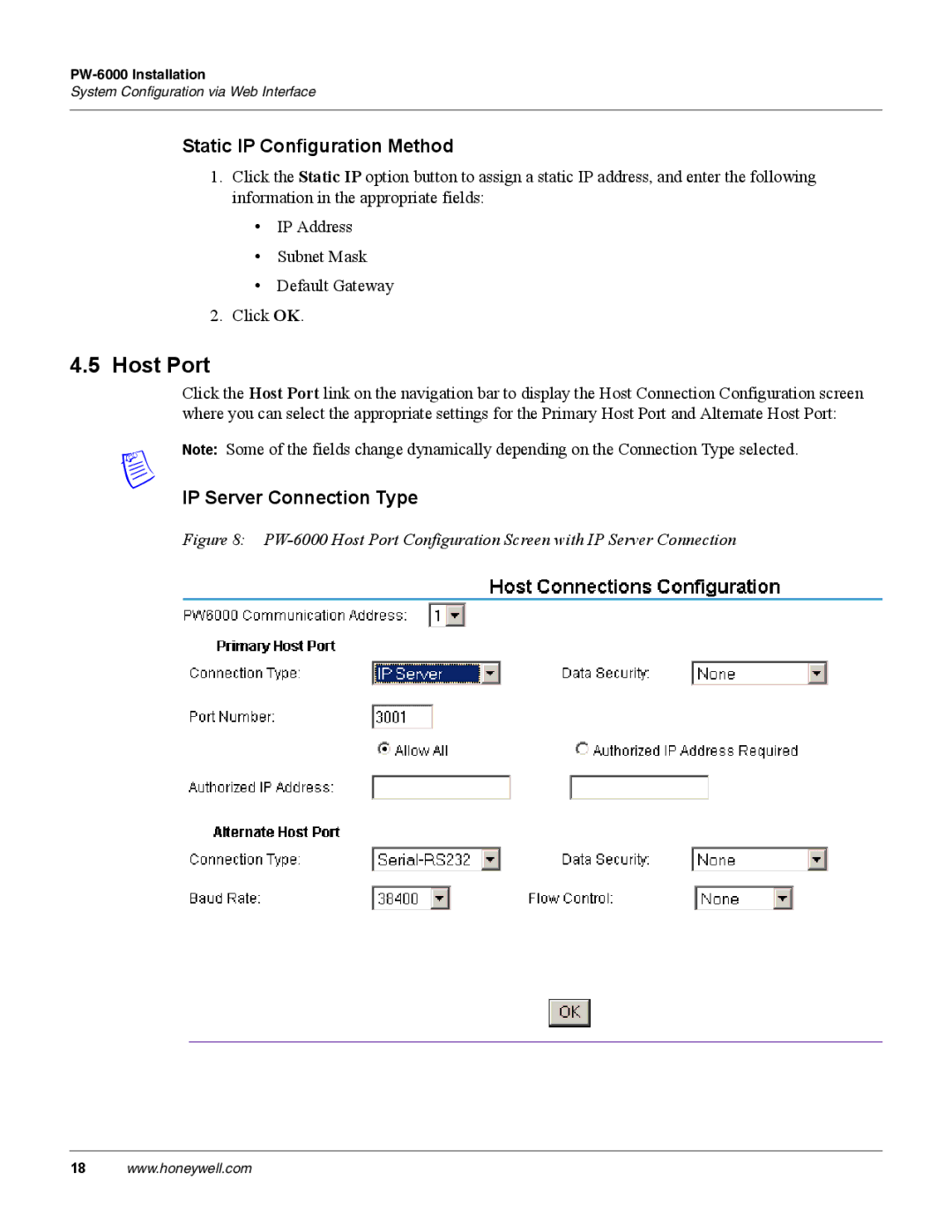 Honeywell PW-6000 manual Host Port, Static IP Configuration Method, IP Server Connection Type 