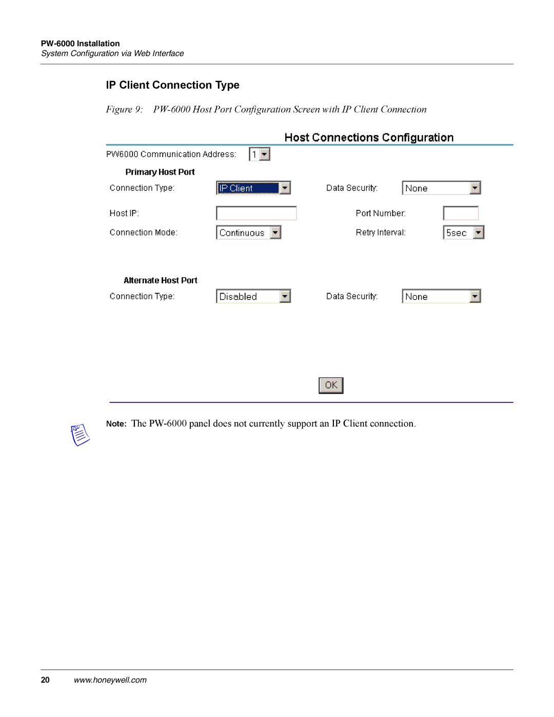 Honeywell PW-6000 manual IP Client Connection Type 