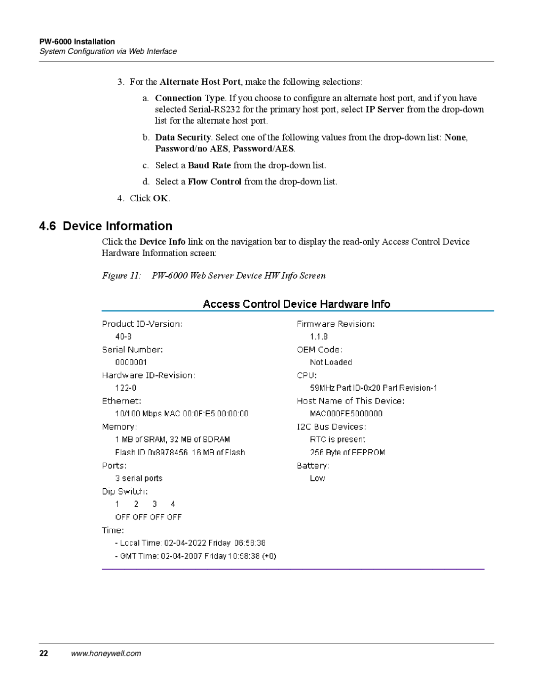 Honeywell manual Device Information, PW-6000 Web Server Device HW Info Screen 