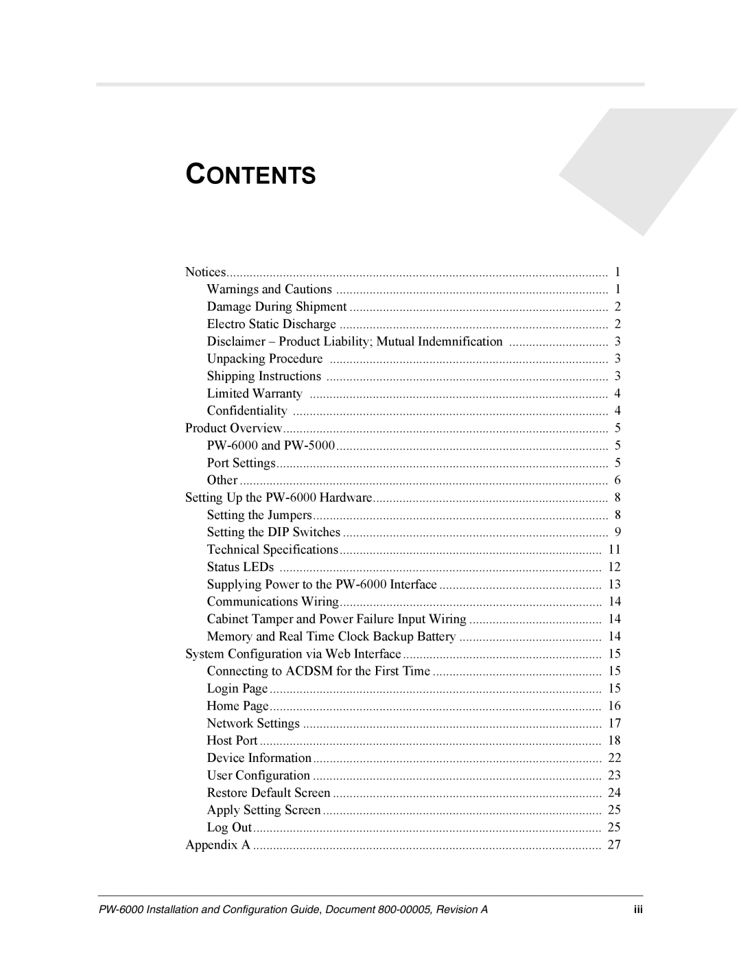 Honeywell PW-6000 manual Contents 