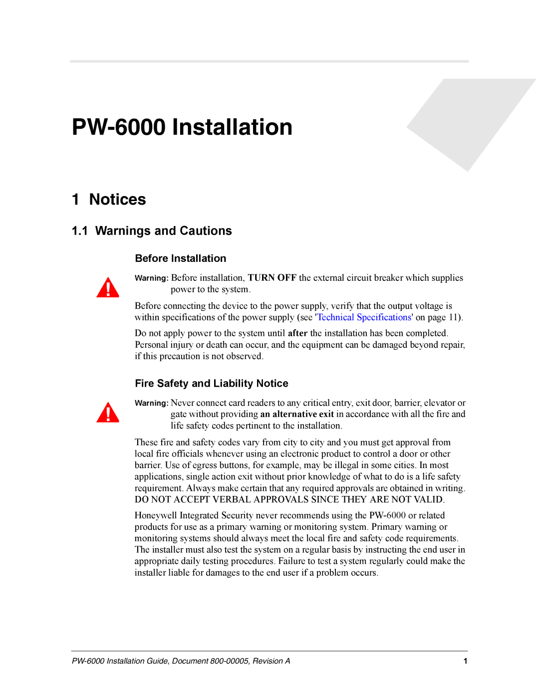 Honeywell PW-6000 manual Before Installation, Fire Safety and Liability Notice 