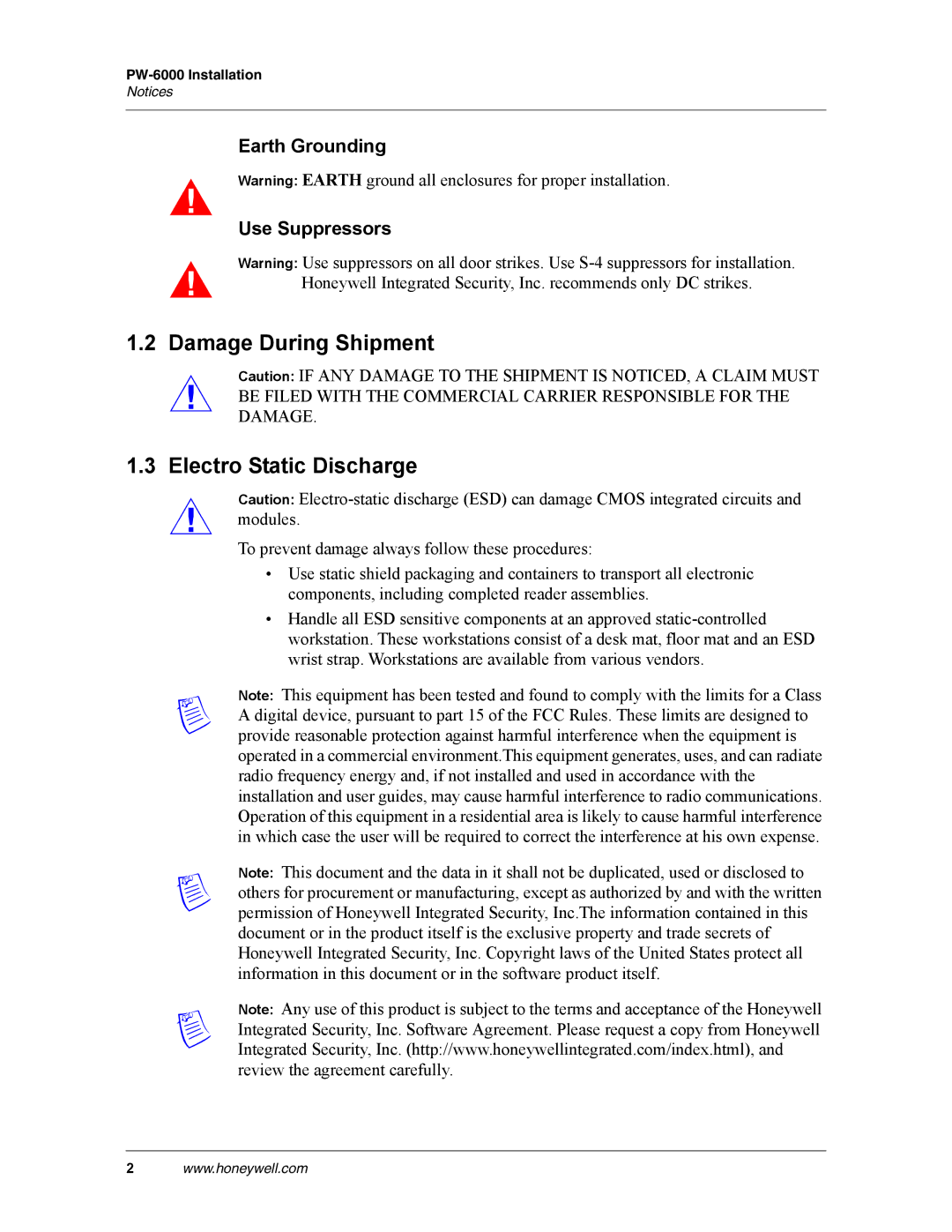 Honeywell PW-6000 manual Damage During Shipment Electro Static Discharge, Earth Grounding Use Suppressors 