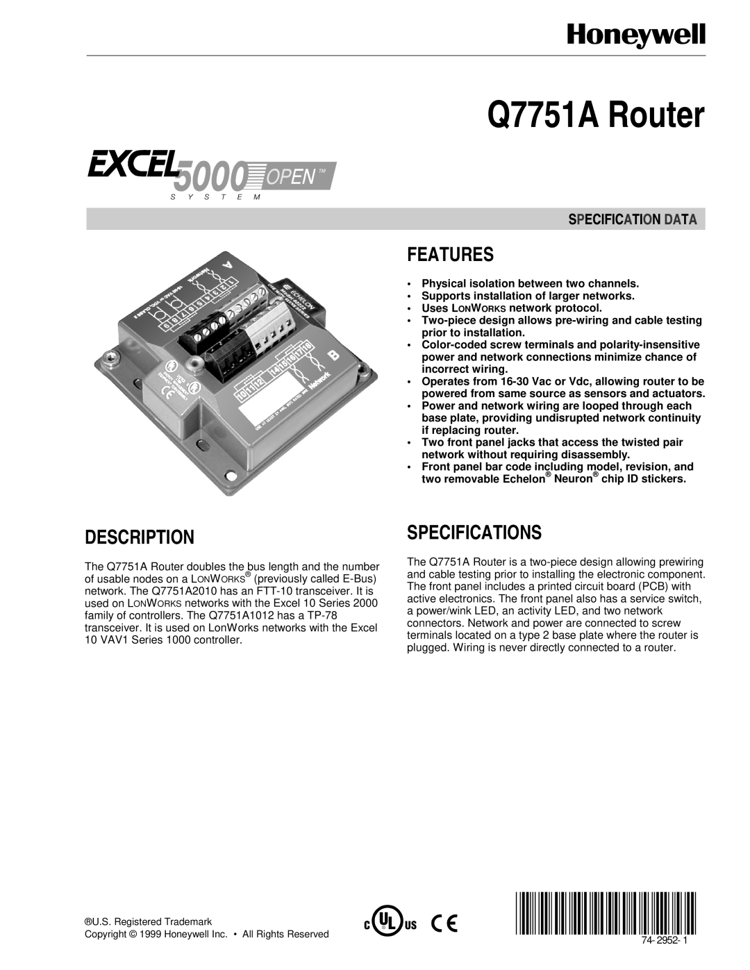 Honeywell Q7751A specifications Description, Features, Specifications 