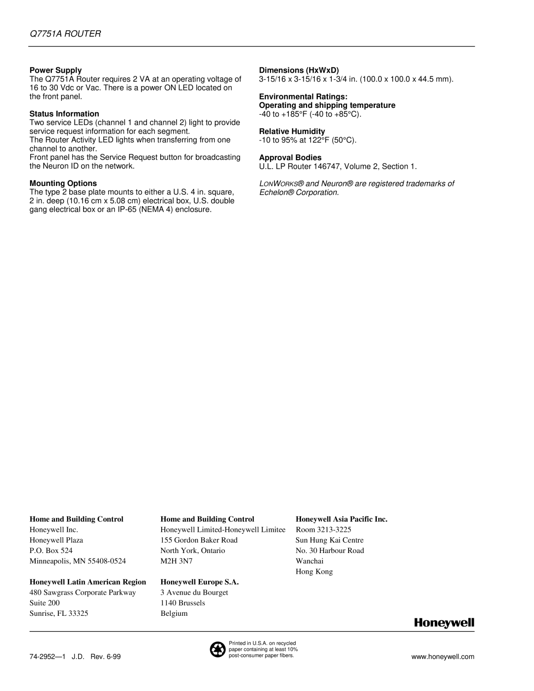 Honeywell Q7751A specifications Power Supply, Status Information, Mounting Options, Dimensions HxWxD, Approval Bodies 