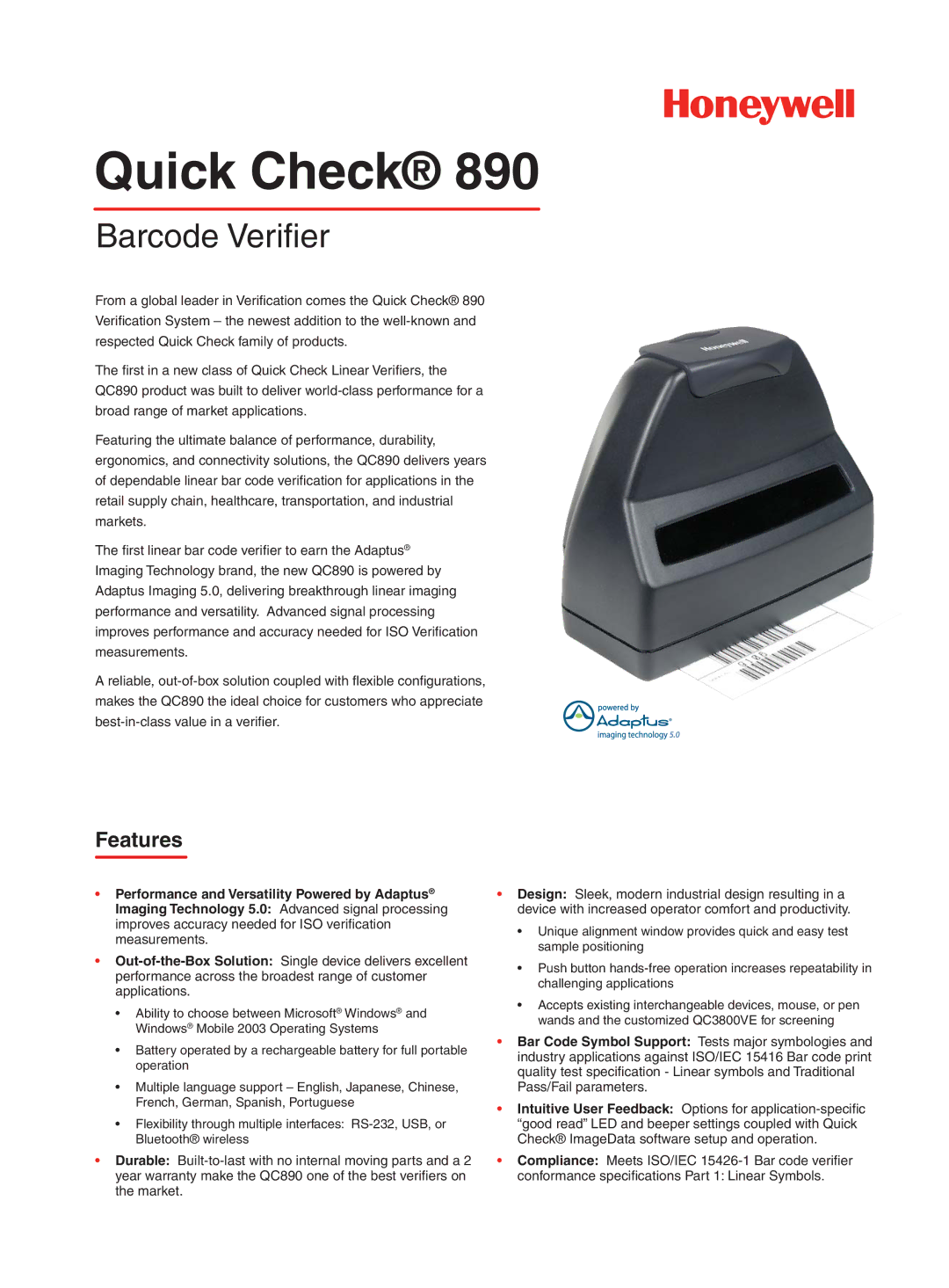 Honeywell Quick Check 890 warranty Performance and Versatility Powered by Adaptus 