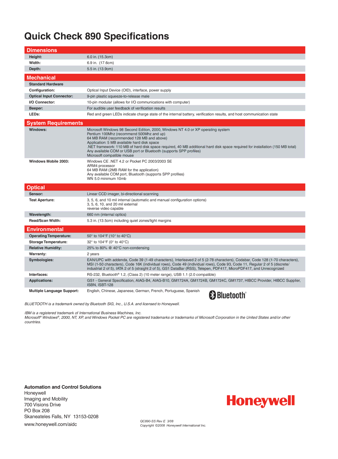 Honeywell Quick Check 890 warranty Dimensions, Mechanical, System Requirements, Optical, Environmental 