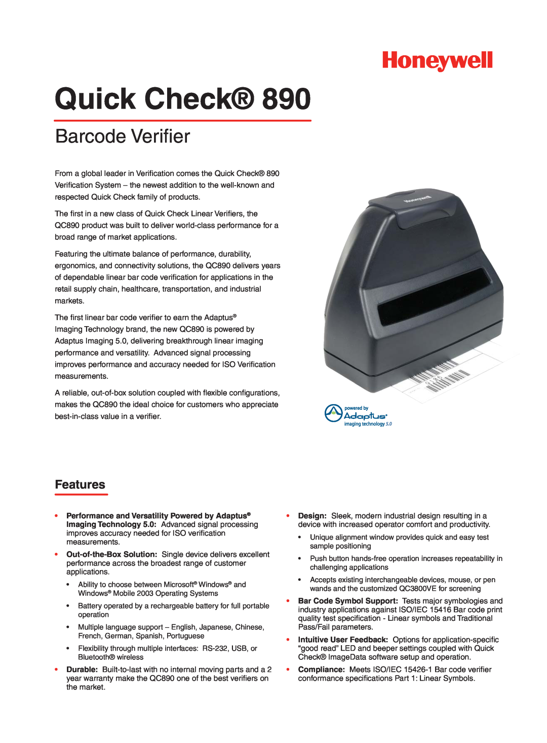 Honeywell Quick Check 890 warranty Performance and Versatility Powered by Adaptus, Barcode Veriﬁ er, Features 