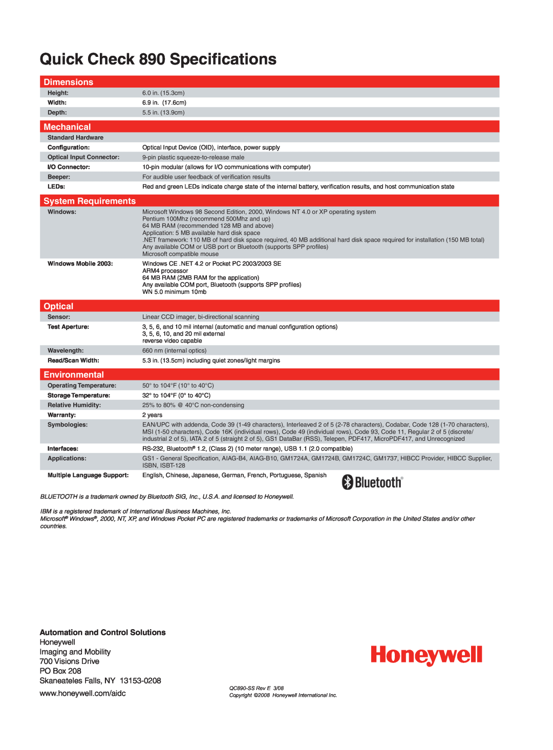 Honeywell Automation and Control Solutions, Quick Check 890 Speciﬁcations, Dimensions, Mechanical, System Requirements 