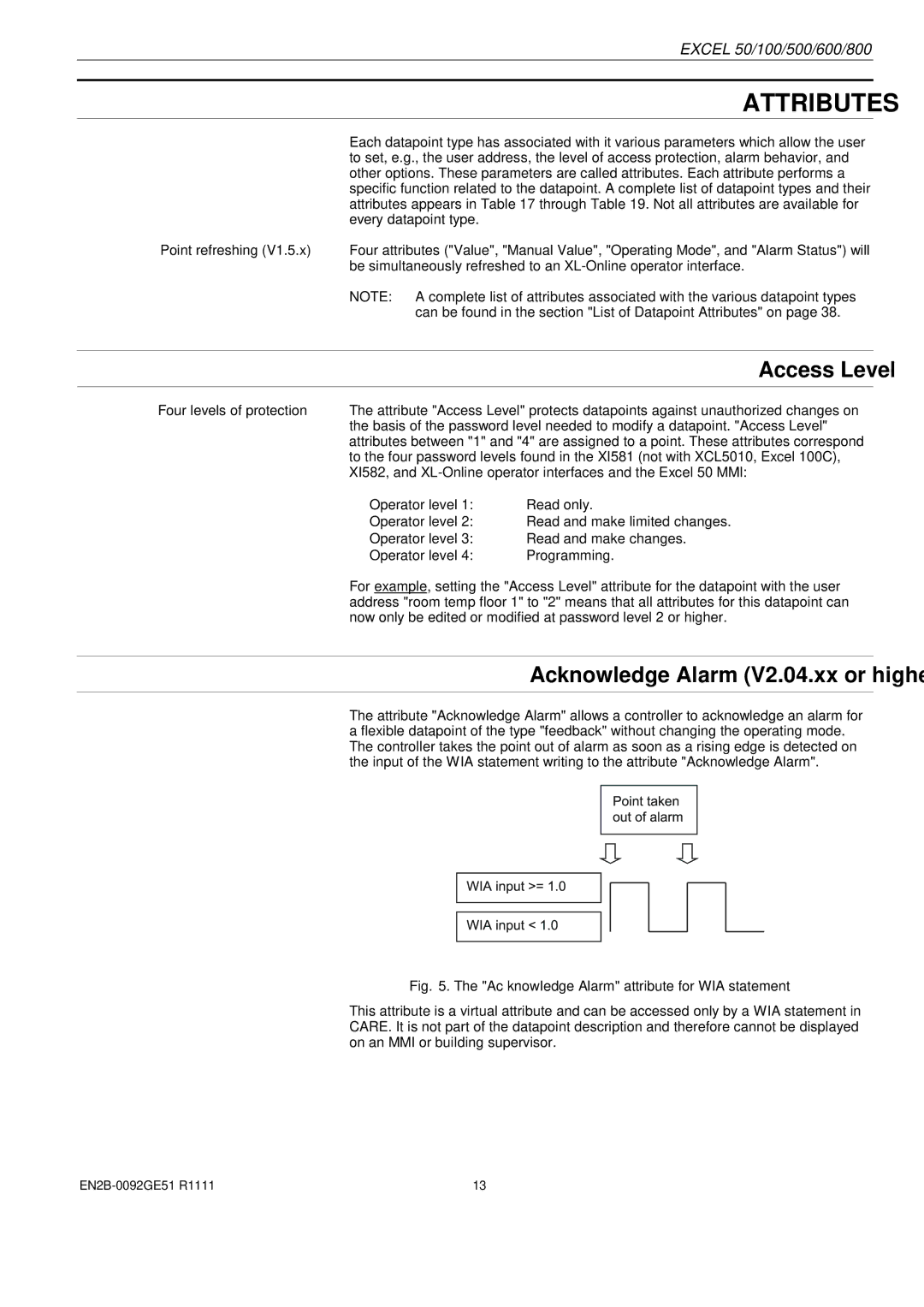 Honeywell R0512 manual Attributes, Access Level, Acknowledge Alarm V2.04.xx or higher 