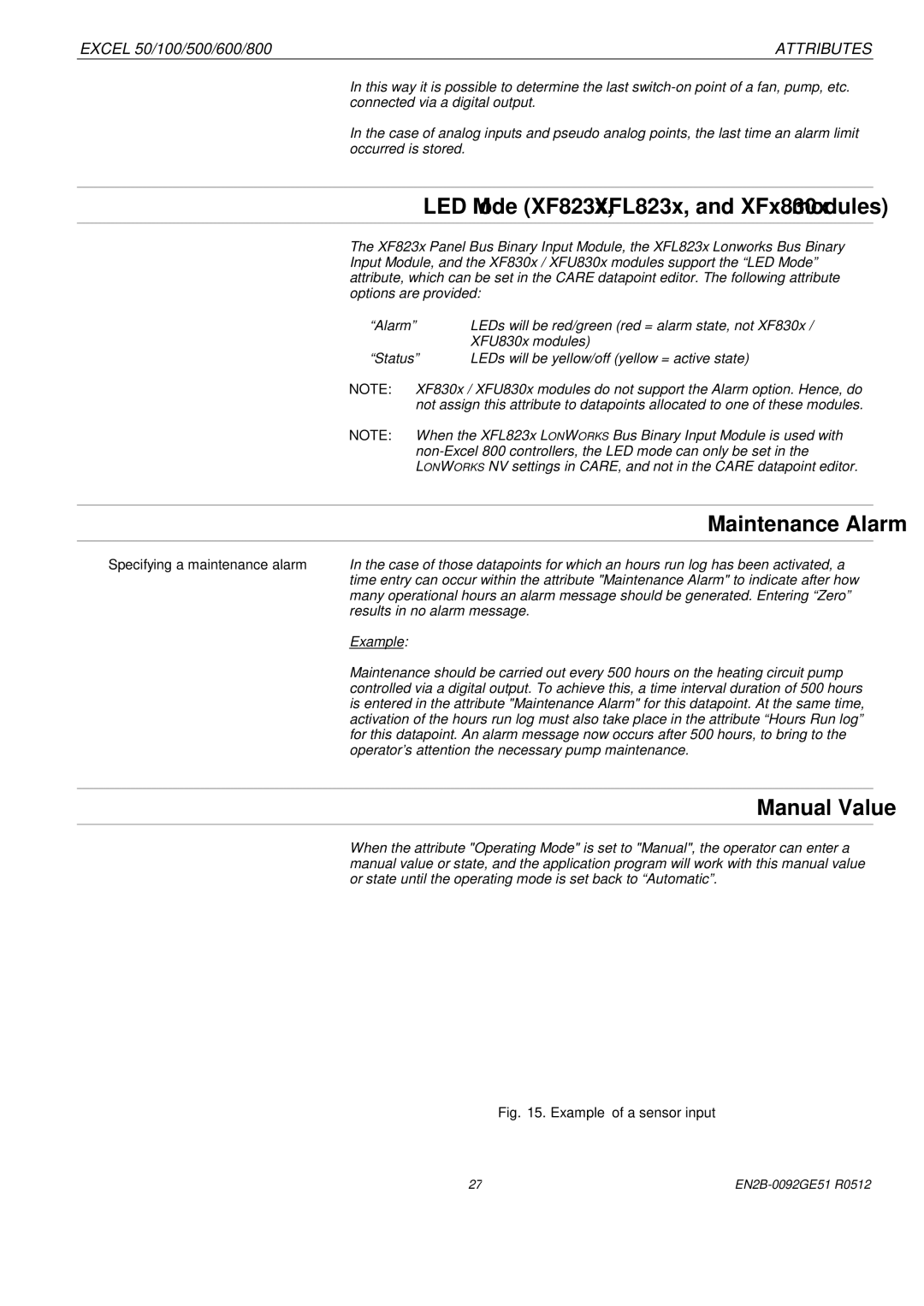 Honeywell R0512 manual LED Mode XF823x, XFL823x, and XFx830x modules, Maintenance Alarm, Manual Value 