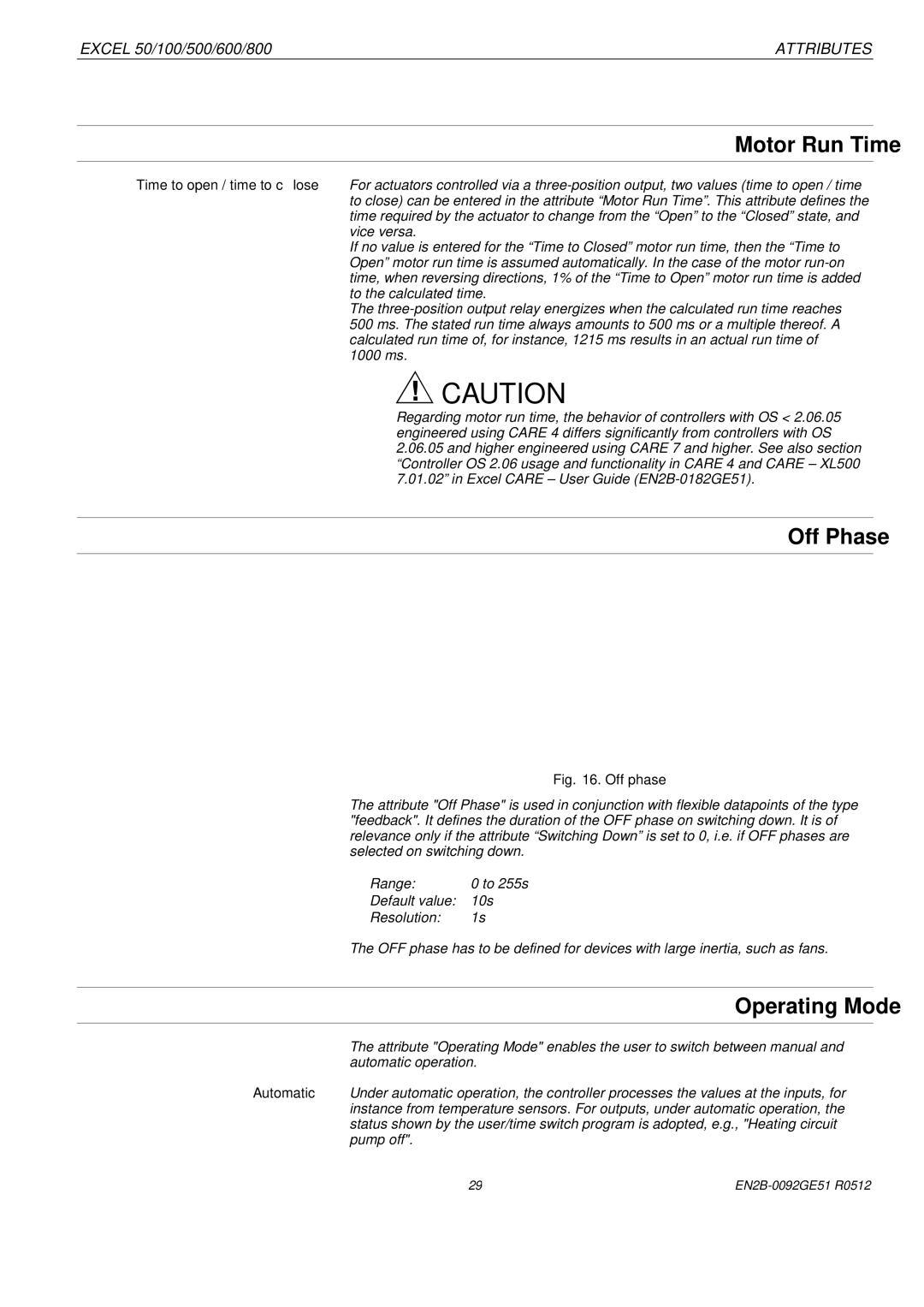 Honeywell R0512 manual Motor Run Time, Off Phase, Operating Mode 