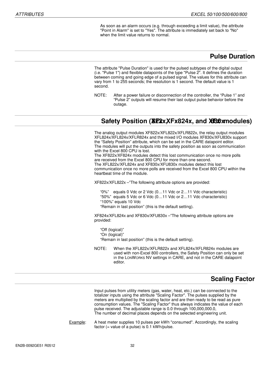 Honeywell R0512 manual Pulse Duration, Safety Position XFx822x, XFx824x, and XFx830x modules, Scaling Factor 