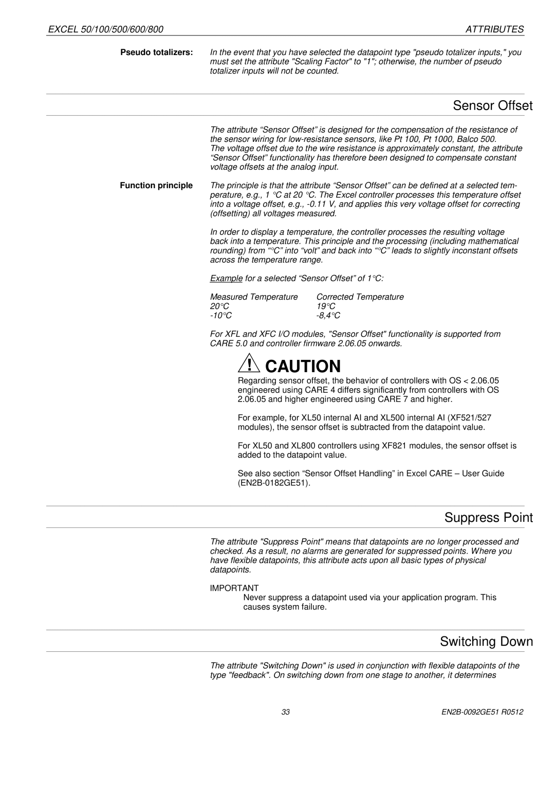 Honeywell R0512 manual Sensor Offset, Suppress Point, Switching Down 