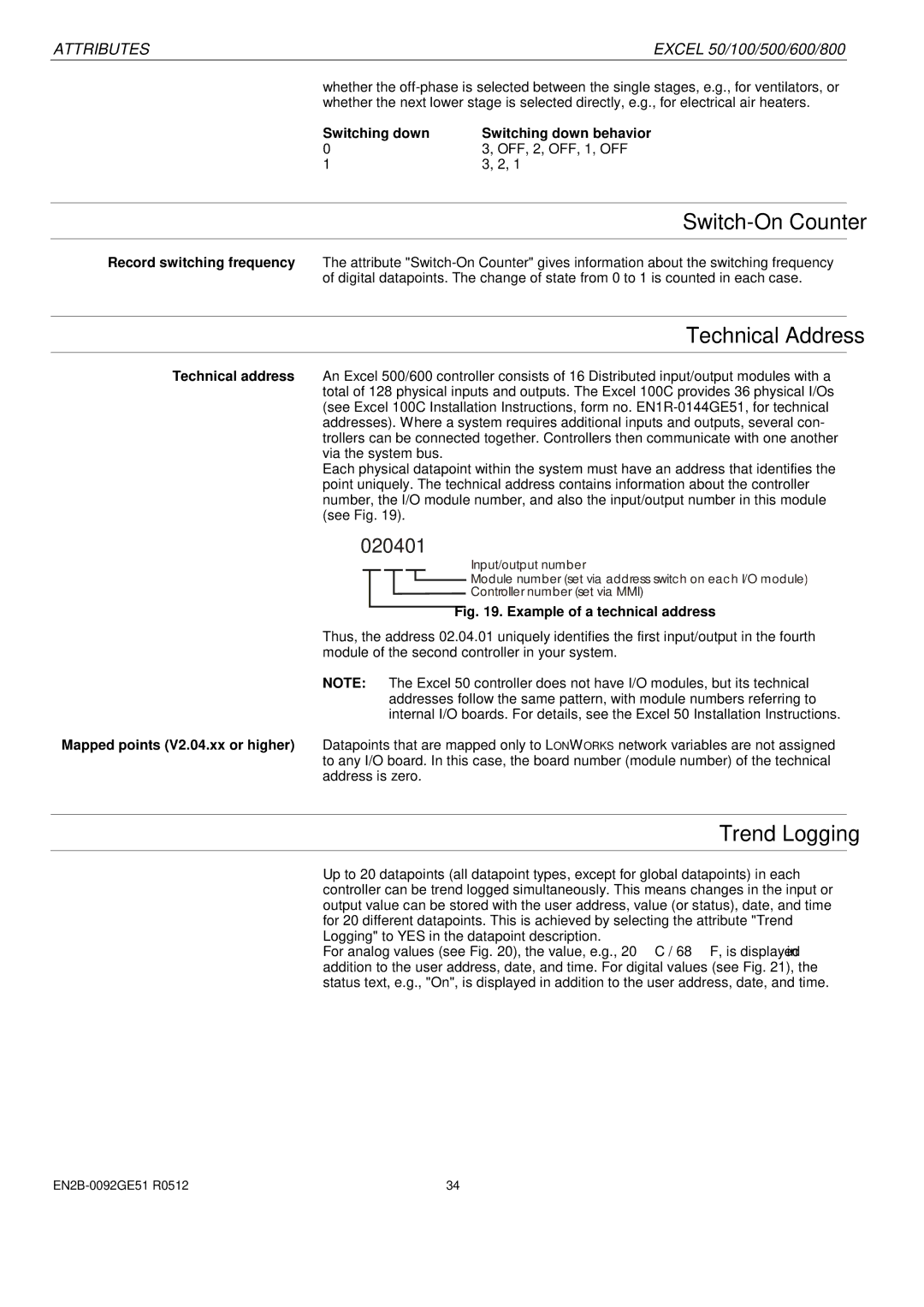 Honeywell R0512 manual Switch-On Counter, Technical Address, Trend Logging, Switching down Switching down behavior 