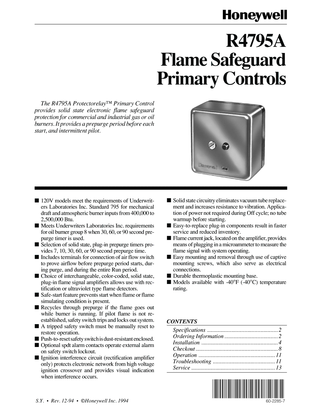 Honeywell specifications R4795A Flame Safeguard Primary Controls 