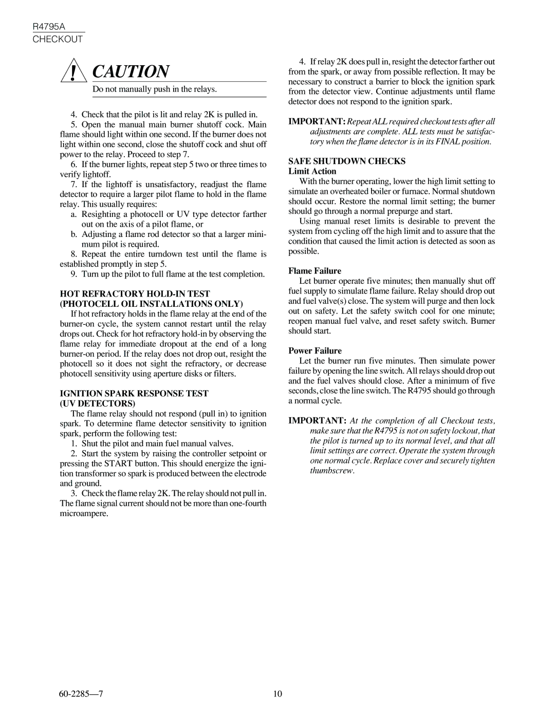 Honeywell R4795A Ignition Spark Response Test UV Detectors, Safe Shutdown Checks, Limit Action, Flame Failure 