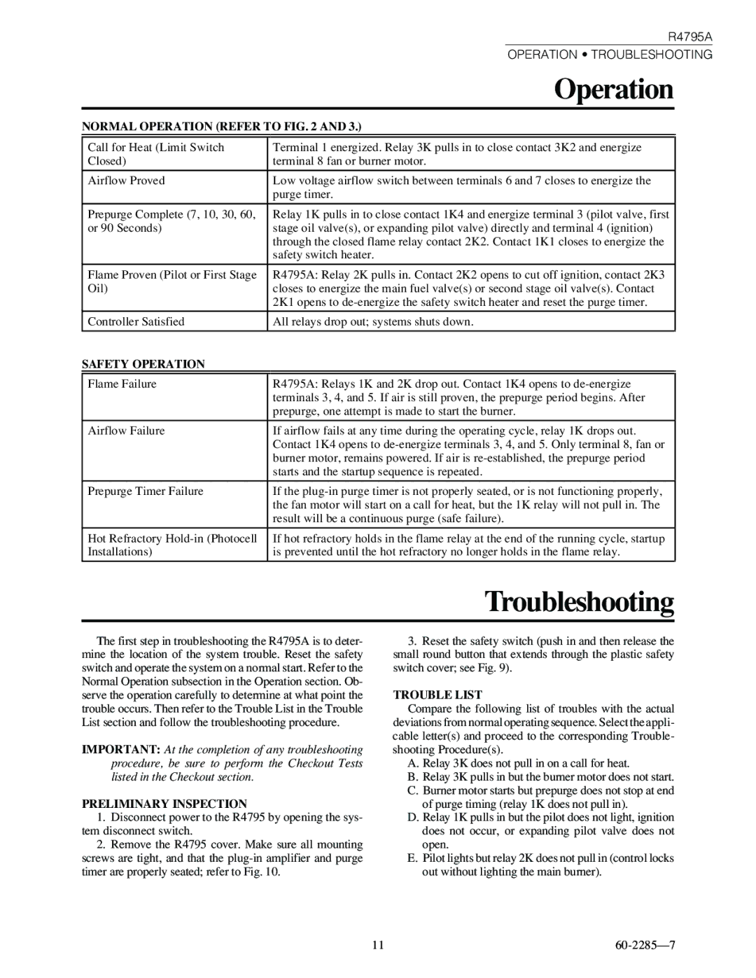 Honeywell R4795A specifications Troubleshooting, Normal Operation Refer to, Safety Operation, Trouble List 