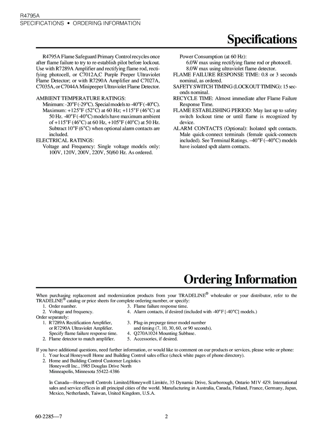 Honeywell R4795A specifications Specifications, Ordering Information 