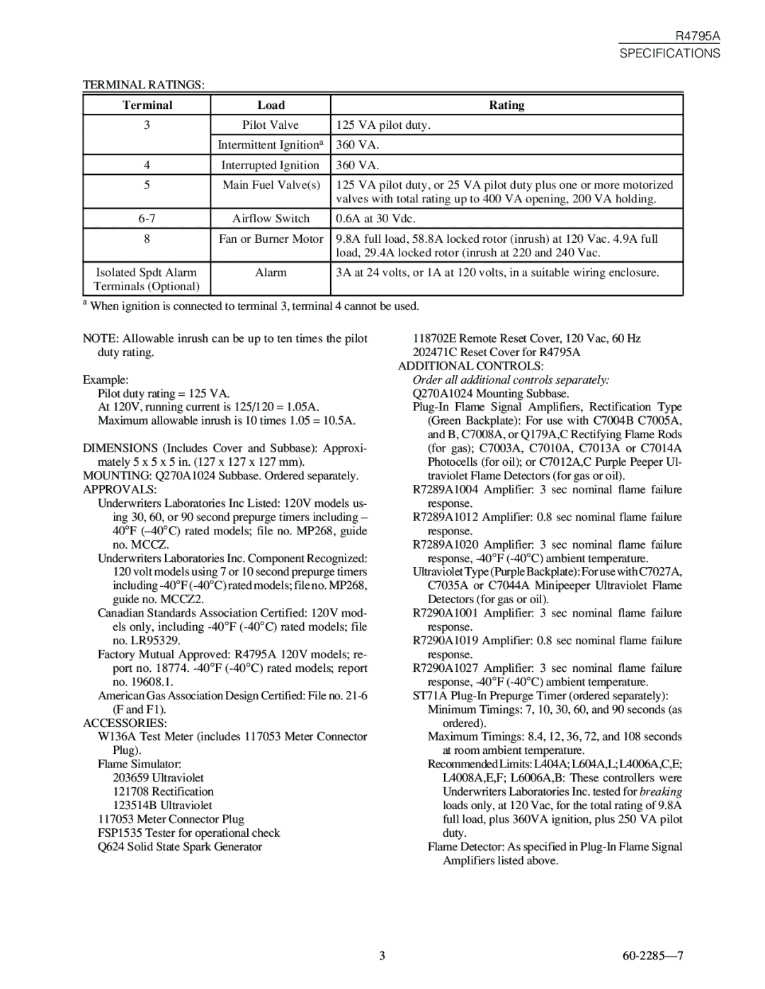 Honeywell R4795A specifications Terminal Load Rating, Approvals 