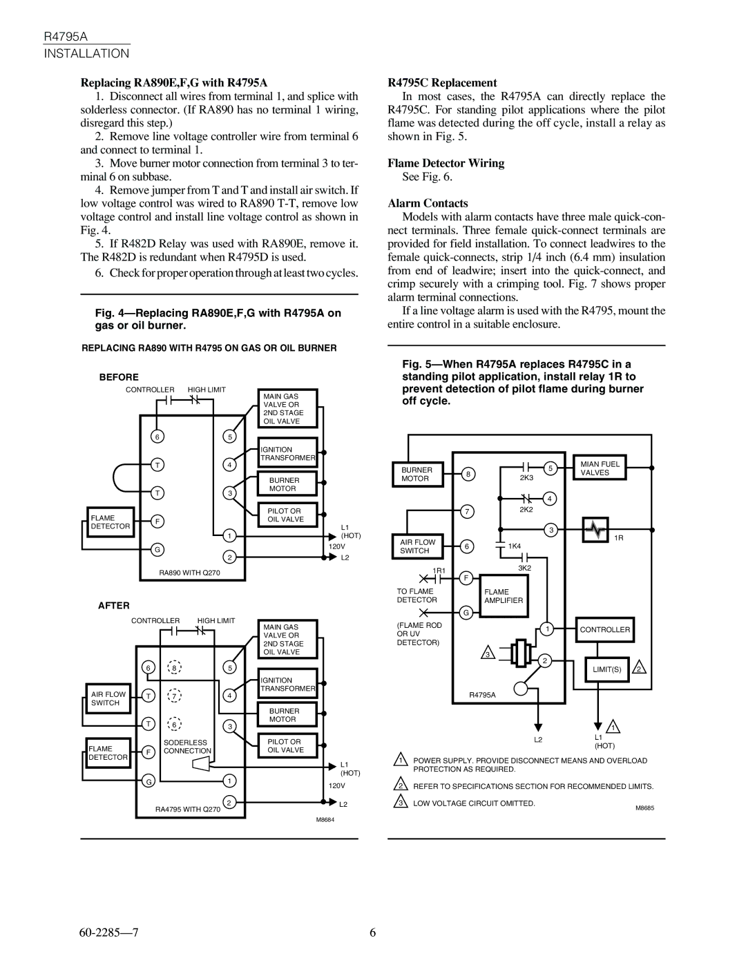 Honeywell specifications Replacing RA890E,F,G with R4795A, R4795C Replacement, Flame Detector Wiring, Alarm Contacts 