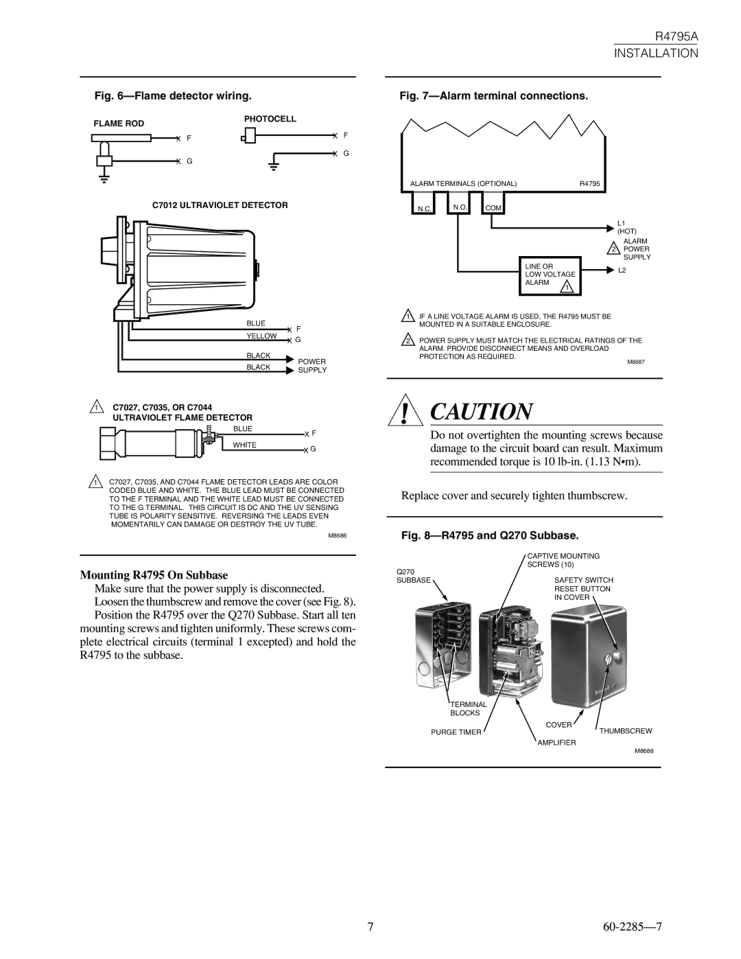 Honeywell R4795A specifications Mounting R4795 On Subbase, C7027, C7035, or C7044 Ultraviolet Flame Detector 