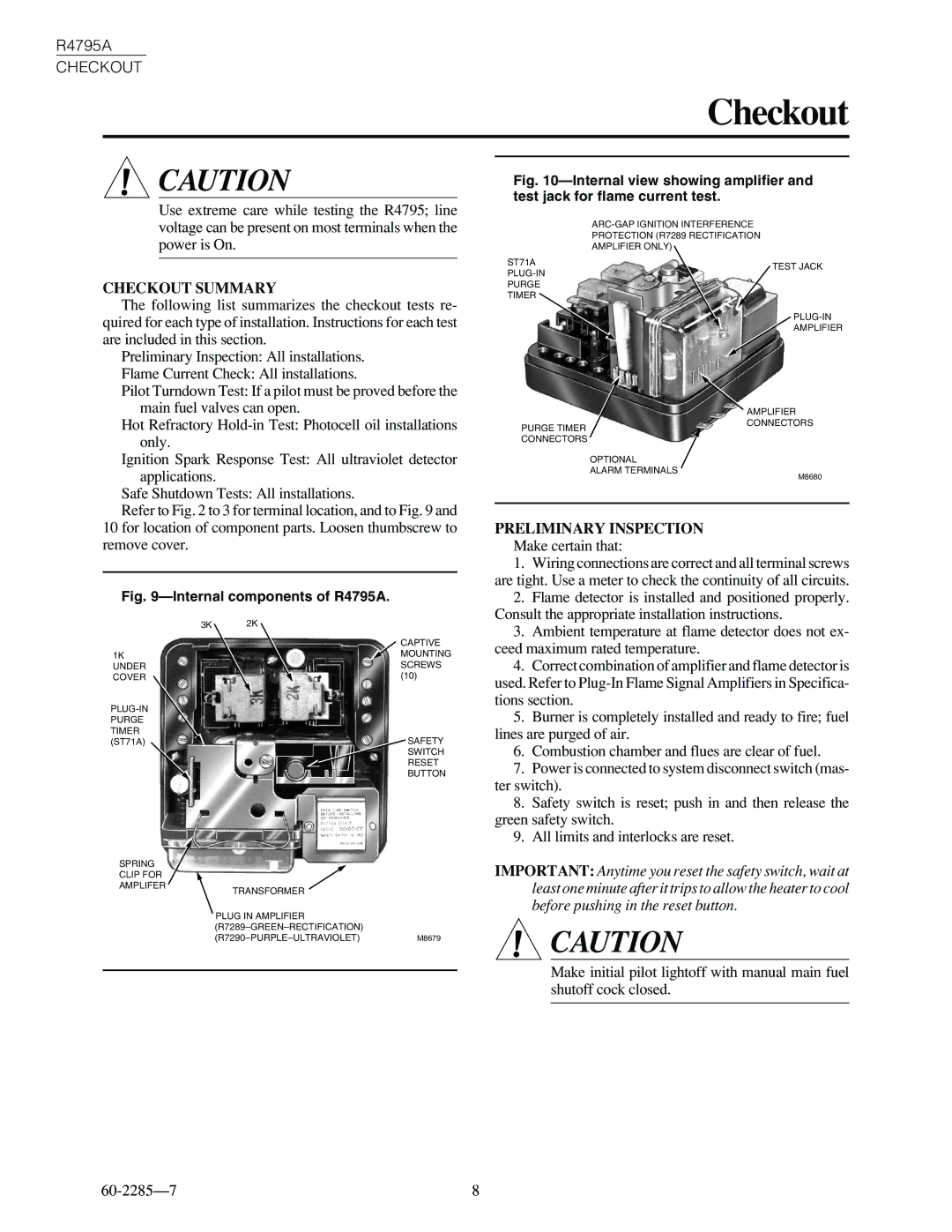 Honeywell R4795A specifications Checkout Summary, Preliminary Inspection 