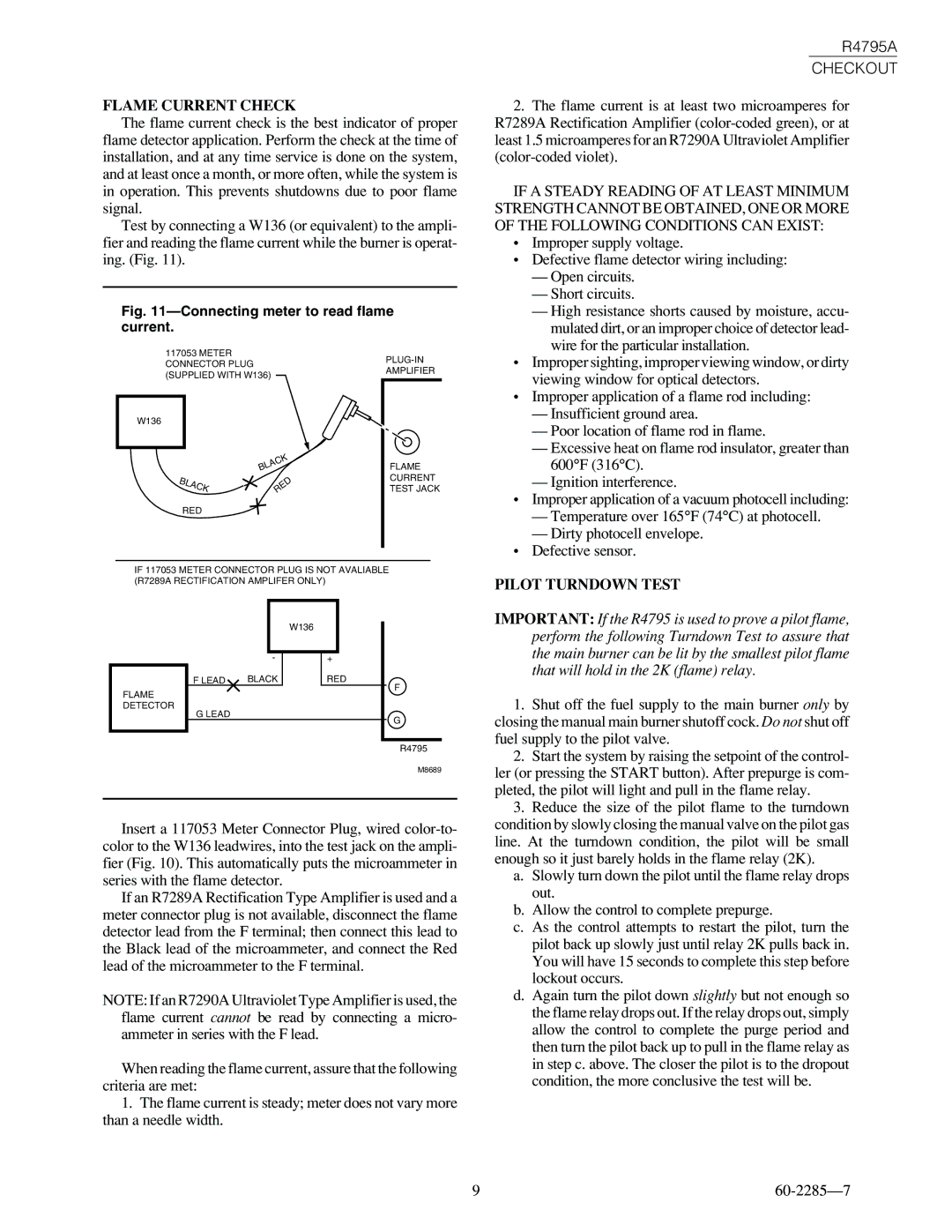 Honeywell R4795A specifications Flame Current Check, Pilot Turndown Test 