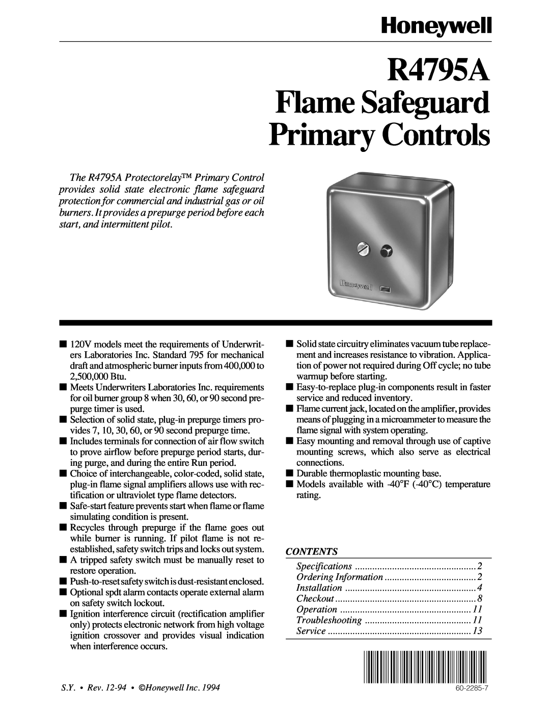 Honeywell specifications R4795A Flame Safeguard Primary Controls, Contents 