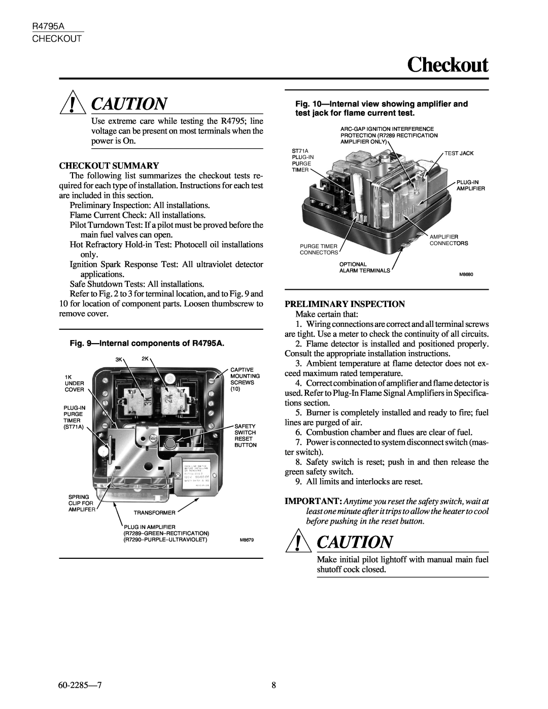 Honeywell R4795A specifications Checkout Summary, Preliminary Inspection 