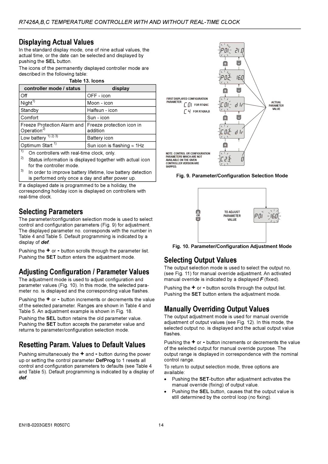 Honeywell R7426C, R7426B, R7426A Displaying Actual Values, Selecting Parameters, Adjusting Configuration / Parameter Values 