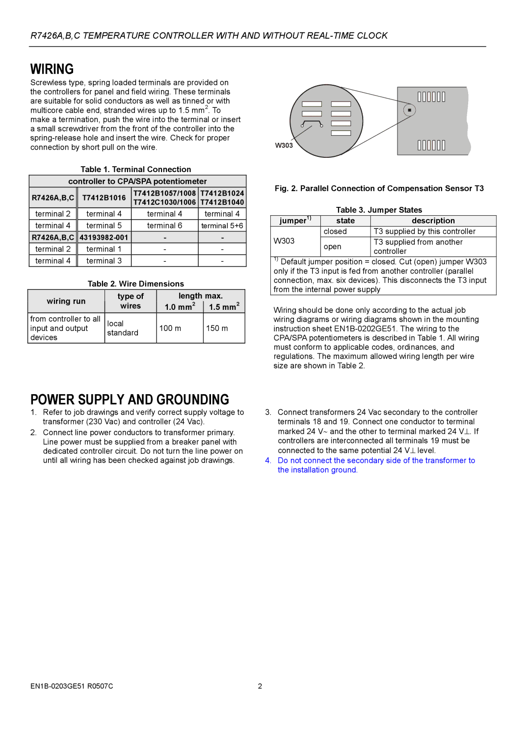 Honeywell R7426C, R7426B Wiring, Power Supply and Grounding, Terminal Connection Controller to CPA/SPA potentiometer 