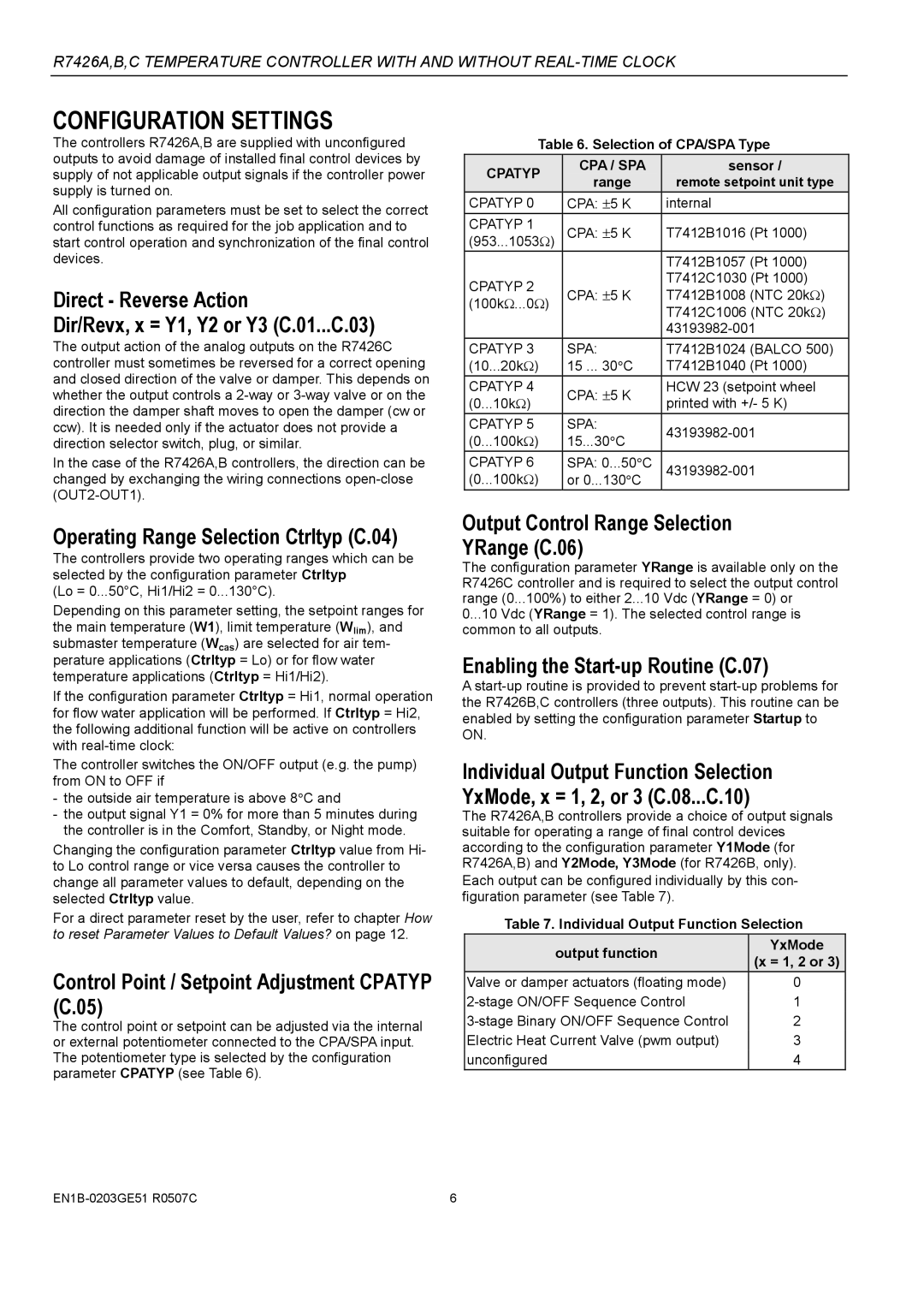 Honeywell R7426B Configuration Settings, Operating Range Selection Ctrltyp C.04, Enabling the Start-up Routine C.07 