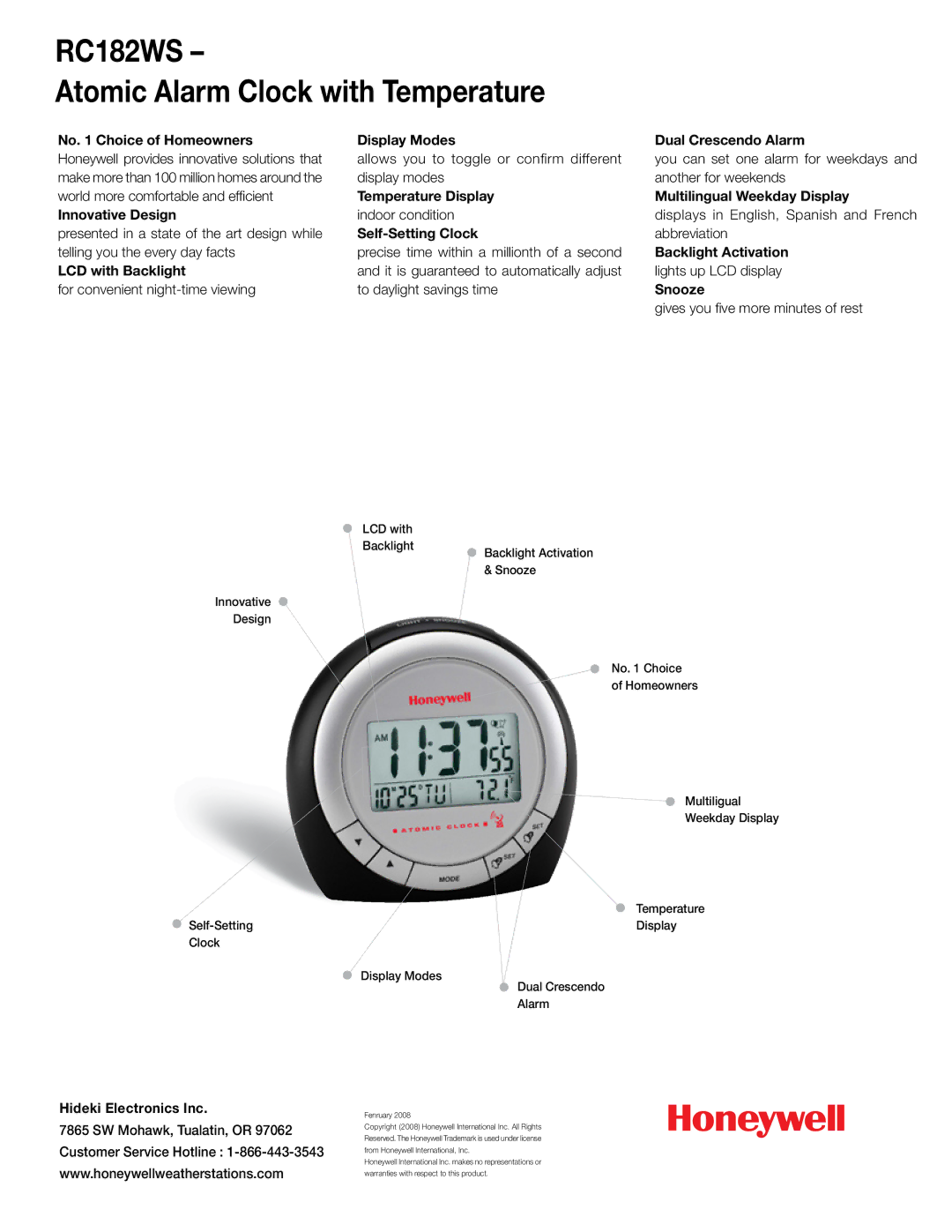 Honeywell RC182WS No Choice of Homeowners, Innovative Design, LCD with Backlight, Display Modes, Dual Crescendo Alarm 