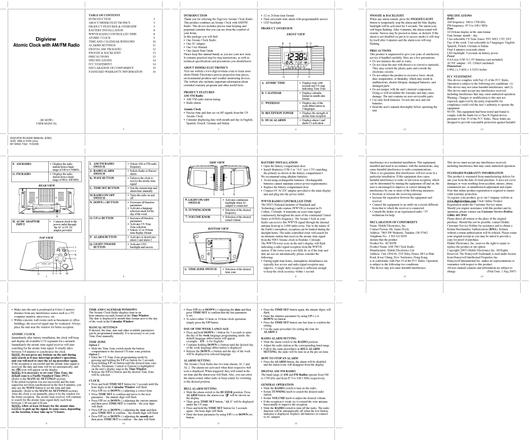 Honeywell RC402W user manual Front View, Rear View, TOP View, Side View, Bottom View 