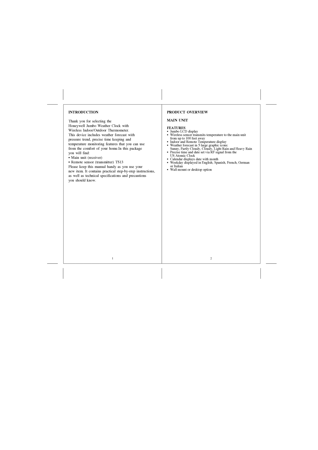 Honeywell RCW33W user manual Introduction, Product Overview Main Unit Features 