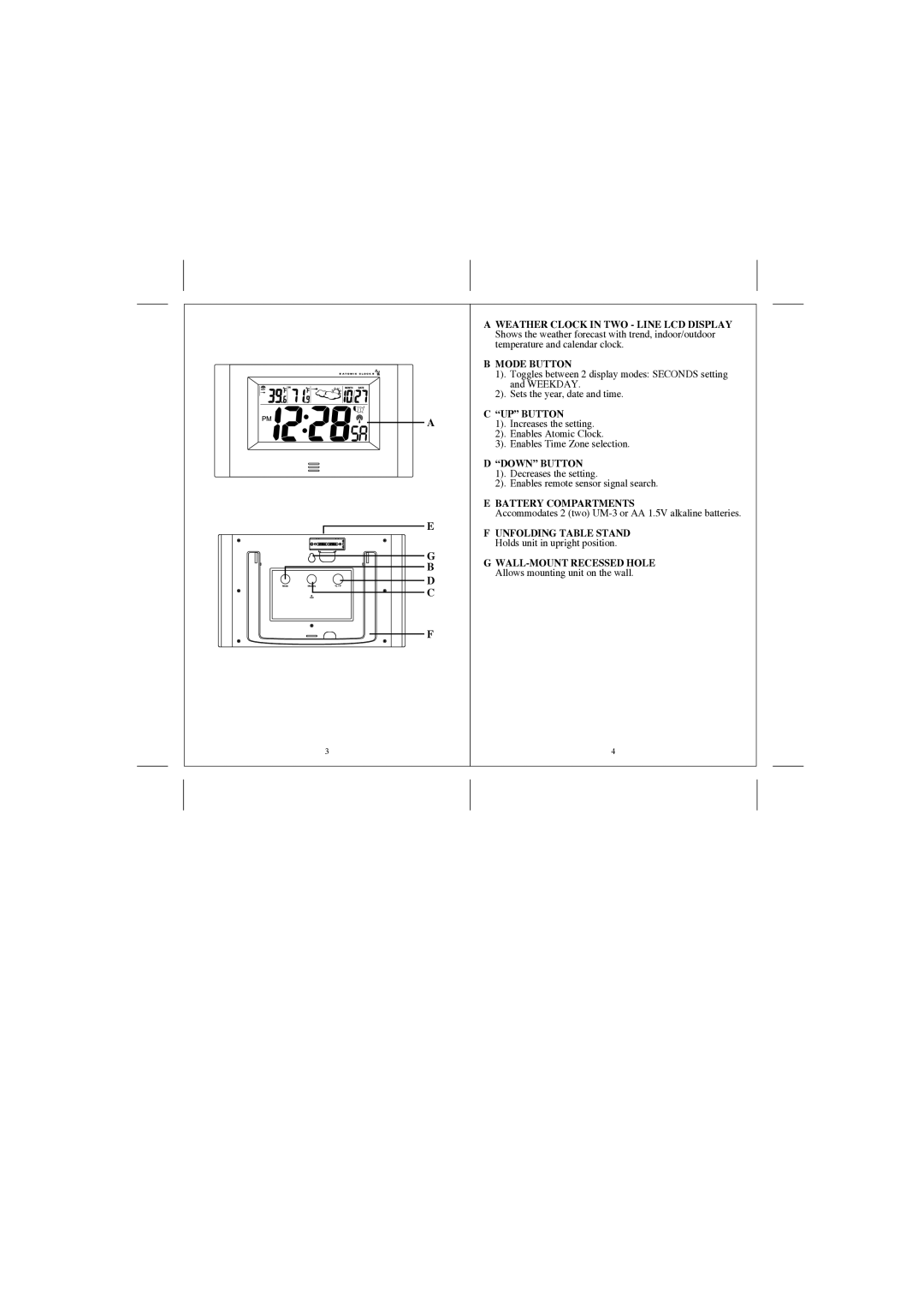 Honeywell RCW33W user manual Mode Button, UP Button, Down Button, Battery Compartments 