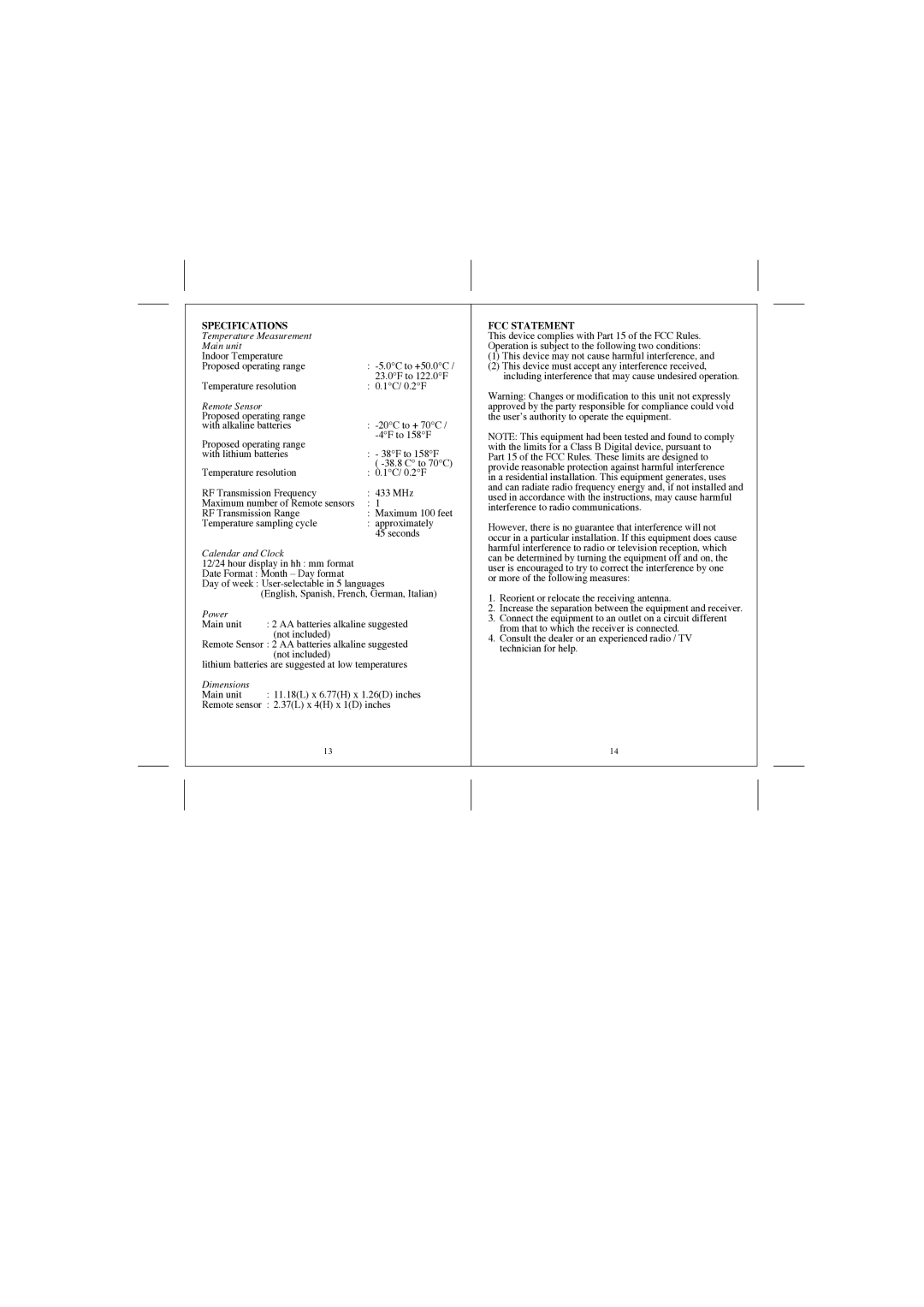 Honeywell RCW33W user manual FCC Statement, This device may not cause harmful interference 