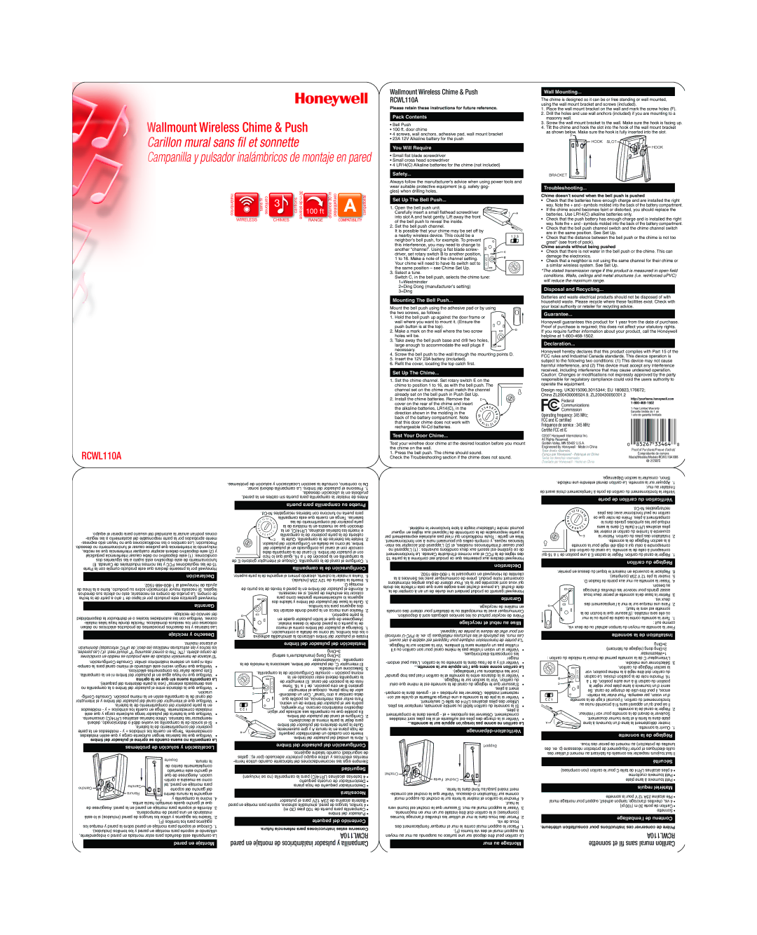 Honeywell RCWL110A warranty Pack Contents, You Will Require, Safety, Wall Mounting, Set Up The Bell Push, Troubleshooting 