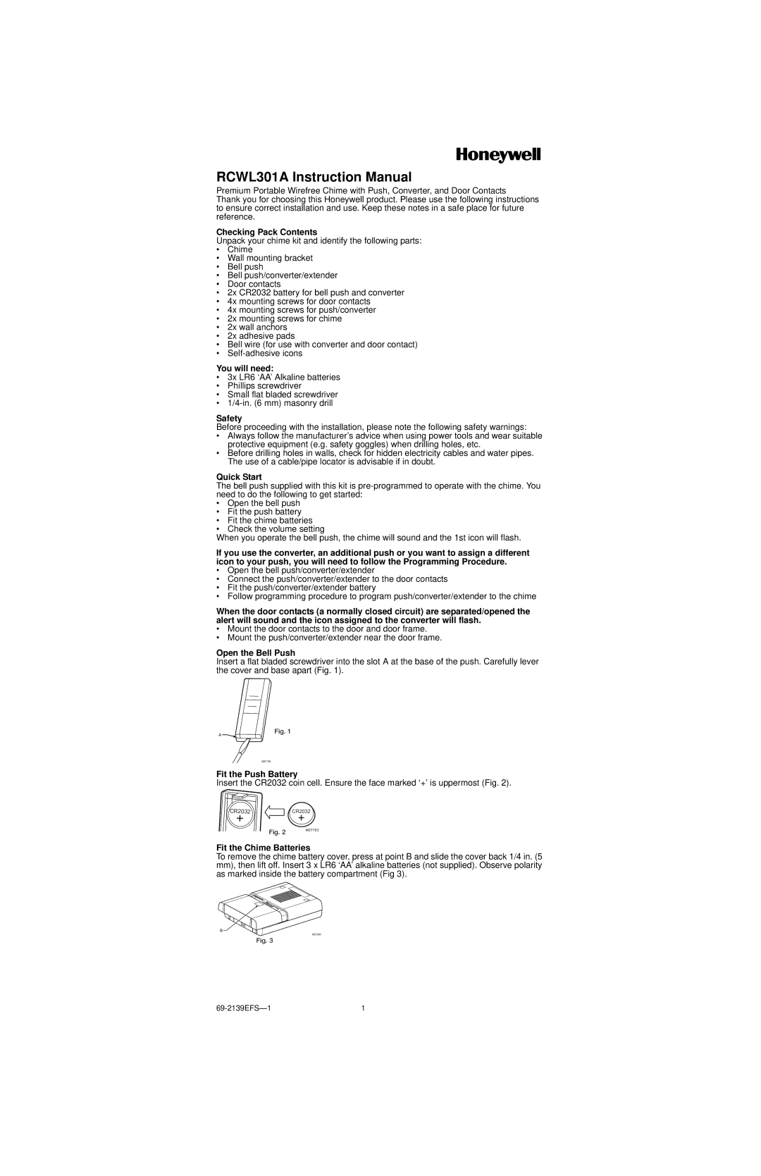 Honeywell RCWL301A instruction manual Checking Pack Contents, You will need, Safety, Quick Start, Open the Bell Push 