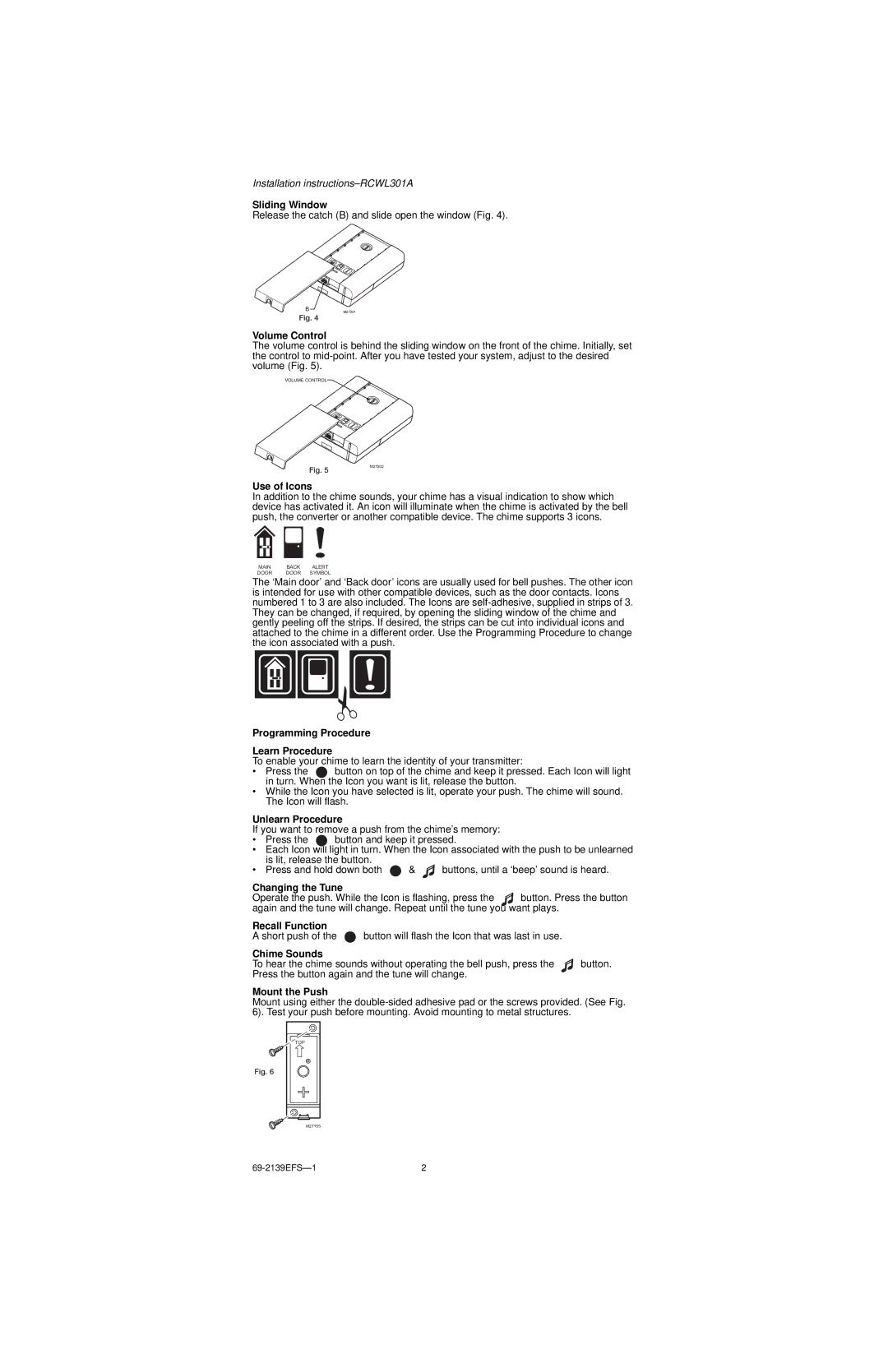 Honeywell RCWL301A Sliding Window, Volume Control, Use of Icons, Programming Procedure Learn Procedure, Unlearn Procedure 