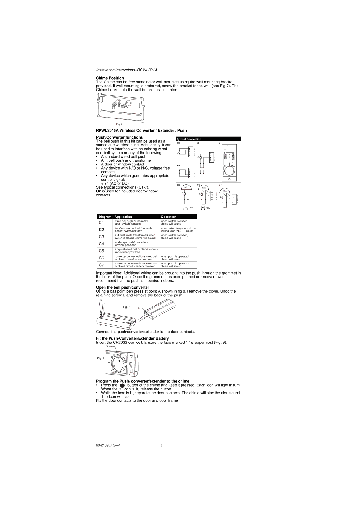 Honeywell RCWL301A instruction manual Chime Position, Open the bell push/converter, Fit the Push/Converter/Extender Battery 