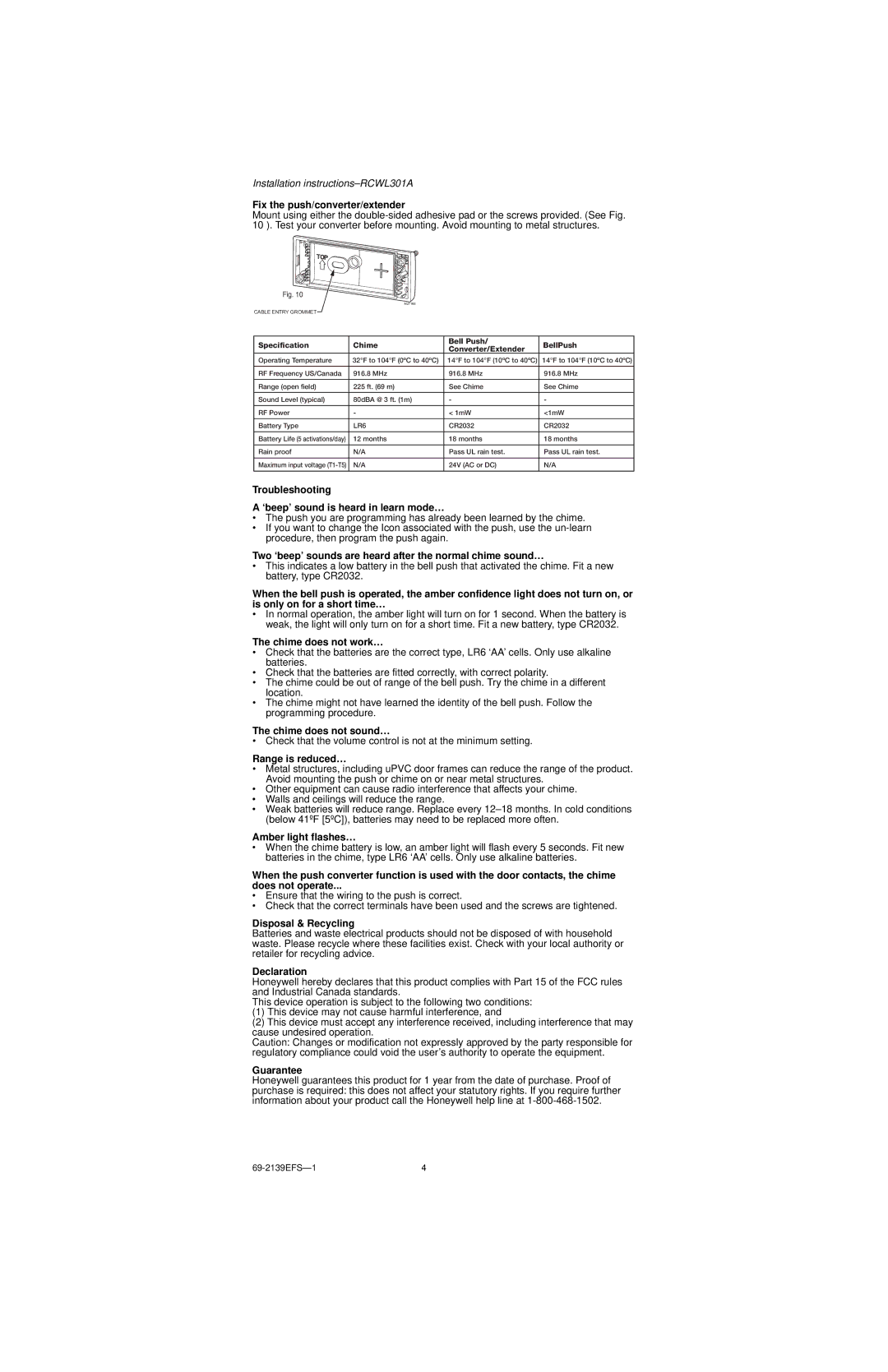 Honeywell RCWL301A Fix the push/converter/extender, Troubleshooting ‘beep’ sound is heard in learn mode…, Declaration 