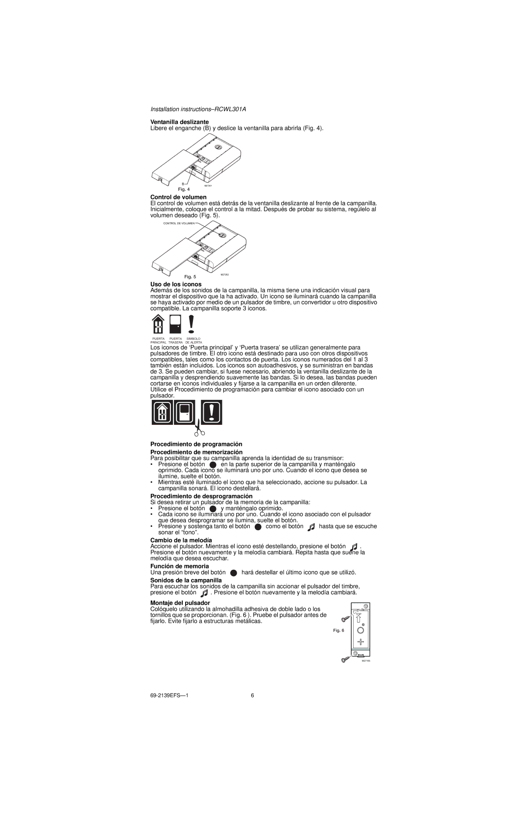 Honeywell RCWL301A Ventanilla deslizante, Control de volumen, Uso de los iconos, Procedimiento de desprogramación 